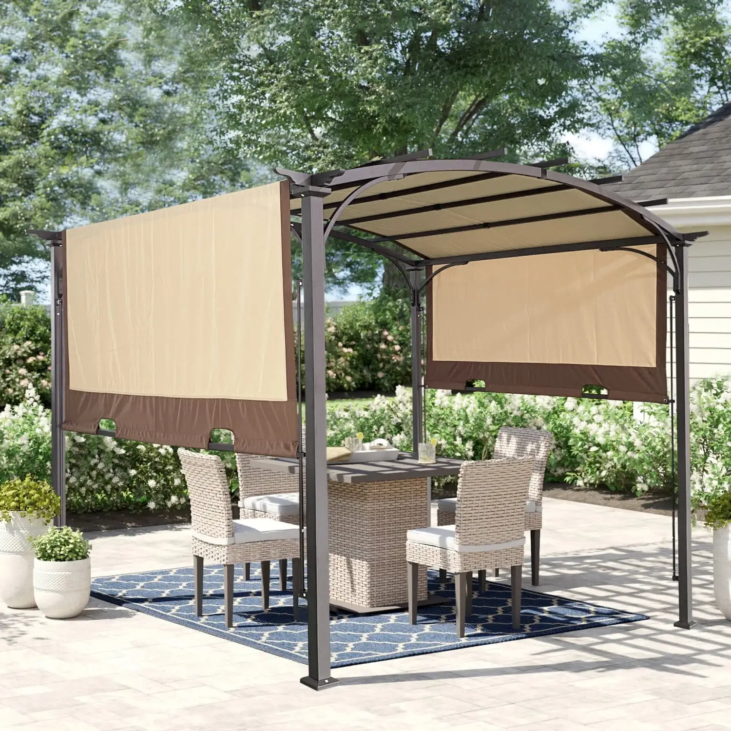 9 x 11 Ft Adjustable Waterproof Sun Shade Outdoor Pergola Canopy with Retractable Shade Arched Gazebo for Garden Lawn Deck - Beige Color