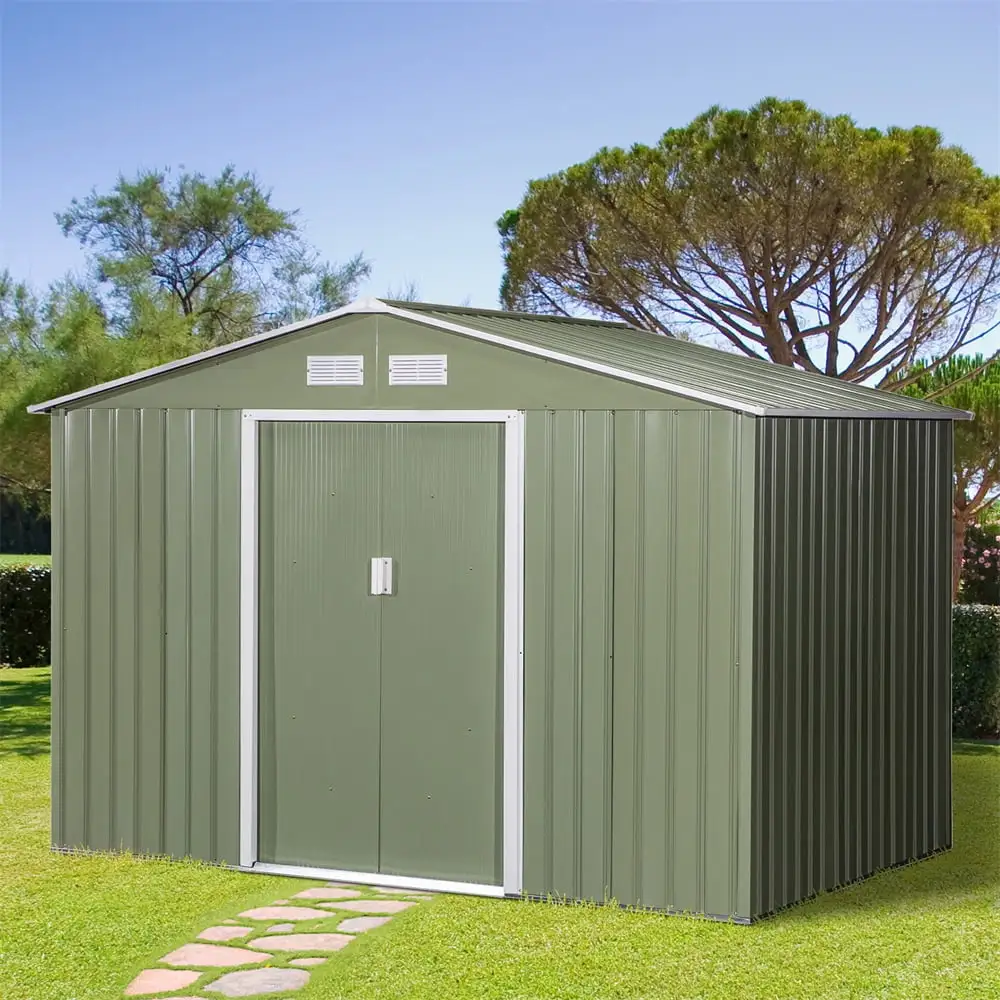 9' x 6' Outdoor Storage Shed. Garden Tool House with Foundation. 4 Vents and 2 Easy Sliding Doors for Backyard Patio Garage Lawn. Green