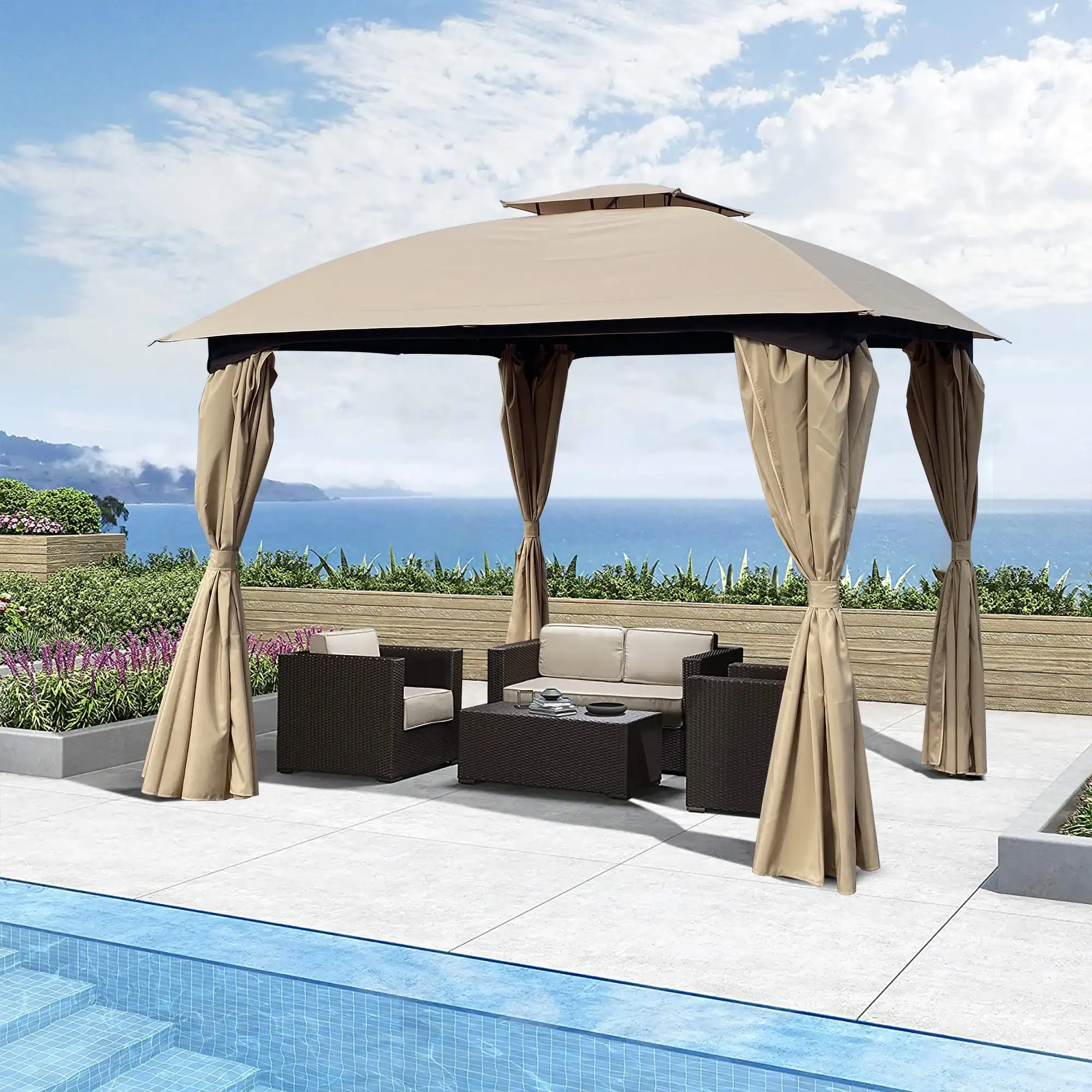 Kumji Outdoor Gazebo Tent. Outdoor Canopy with Mosquito Netting. Double Roof Tops with Curtain Screens. Waterproof and Portable Pergola for Garden Backyard Parties Deck. Khaki