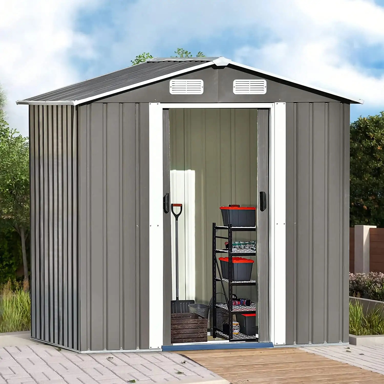 AngLink Outdoor Metal Storage Shed.Patio 6ft x4ft Bike Shed Garden Shed. Metal Storage Shed with Lockable Door. Tool Cabinet with Vents and Foundation for Backyard. Lawn. Garden.Gray