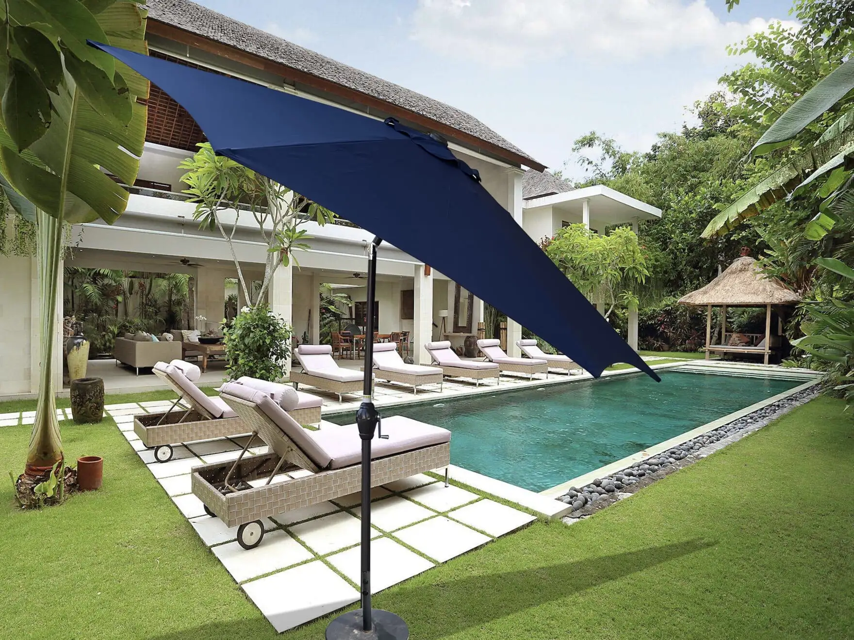 9FT. Patio Hanging Umbrella .Outdoor Market Umbrella with 1.49'' diameter steel pole and 6 steel ribs .crank handle.sunshade. for Garden. Lawn. backyard and Deck.Navy Blue