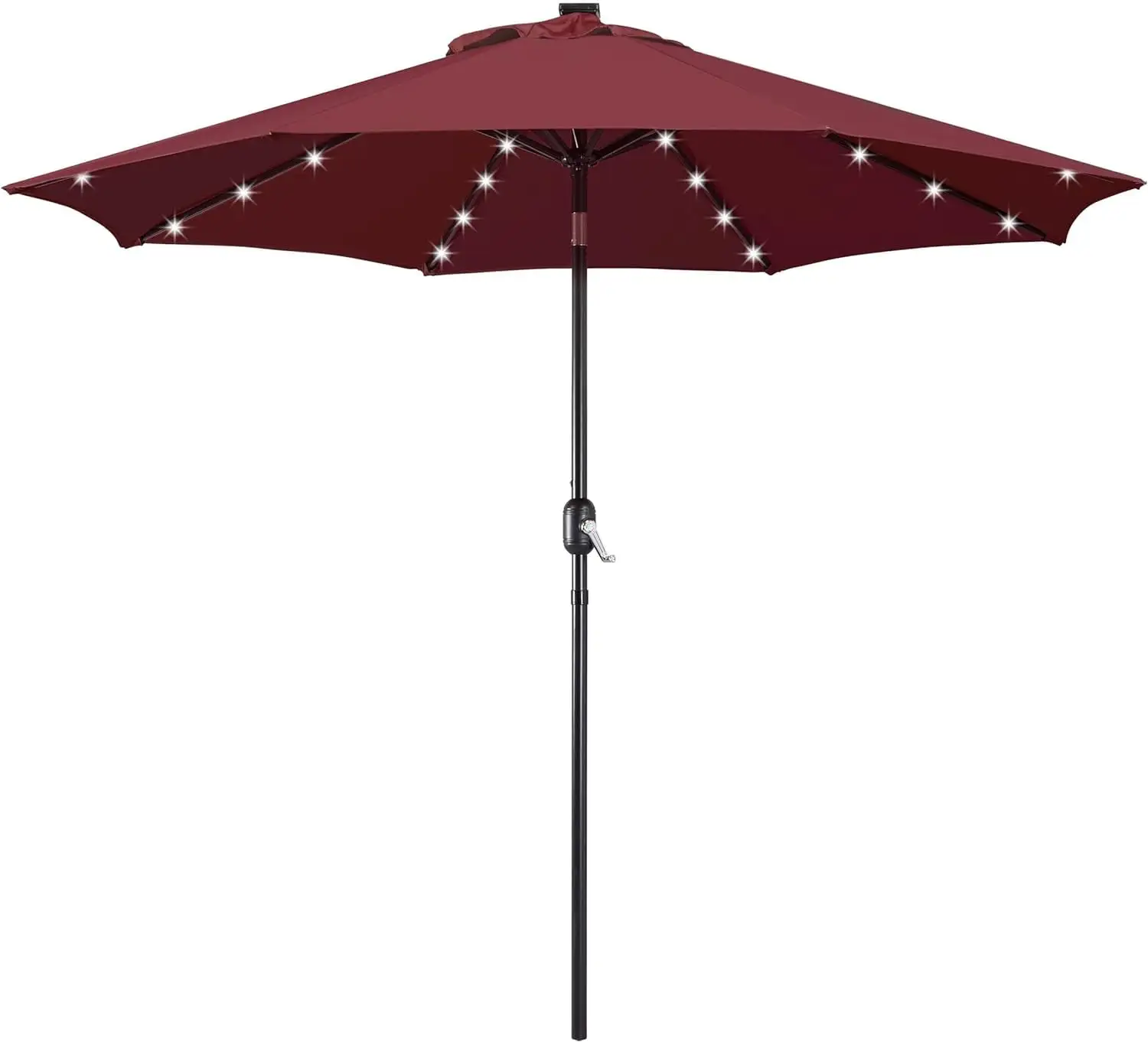 9FT Solar Powered Patio Umbrella - UV Protection Market Table Umbrella w/ 32 LED Lights & Push Button Tilt & Crank Lift System for Garden/Lawn/Deck/Backyard/Pool. Burgundy