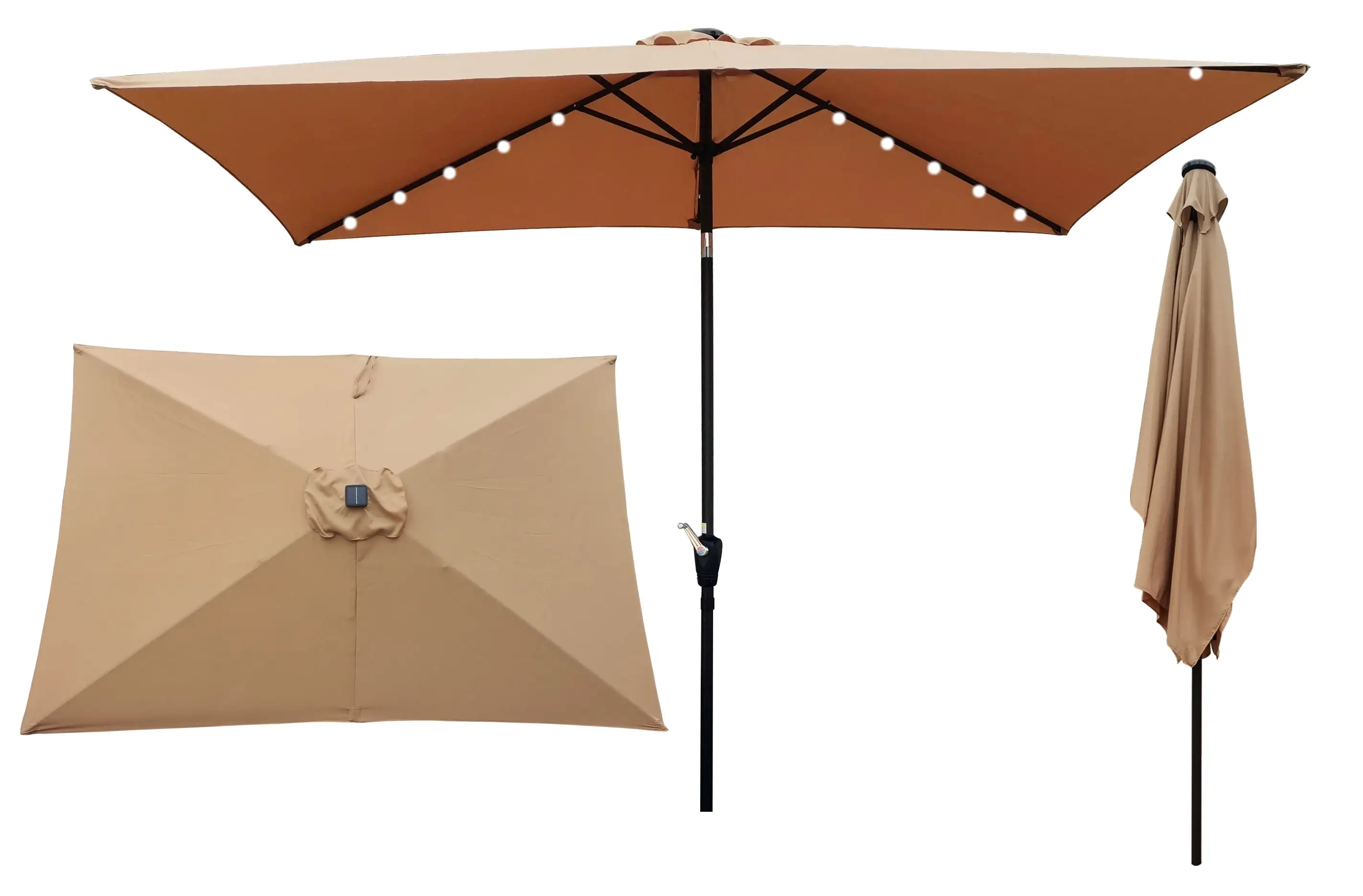 10 x 6.5t Rectangular Patio Umbrella Solar LED Lighted Outdoor Market Table Waterproof Umbrellas Sunshade with Crank and Push Button Tilt for Garden Deck Backyard.Brown