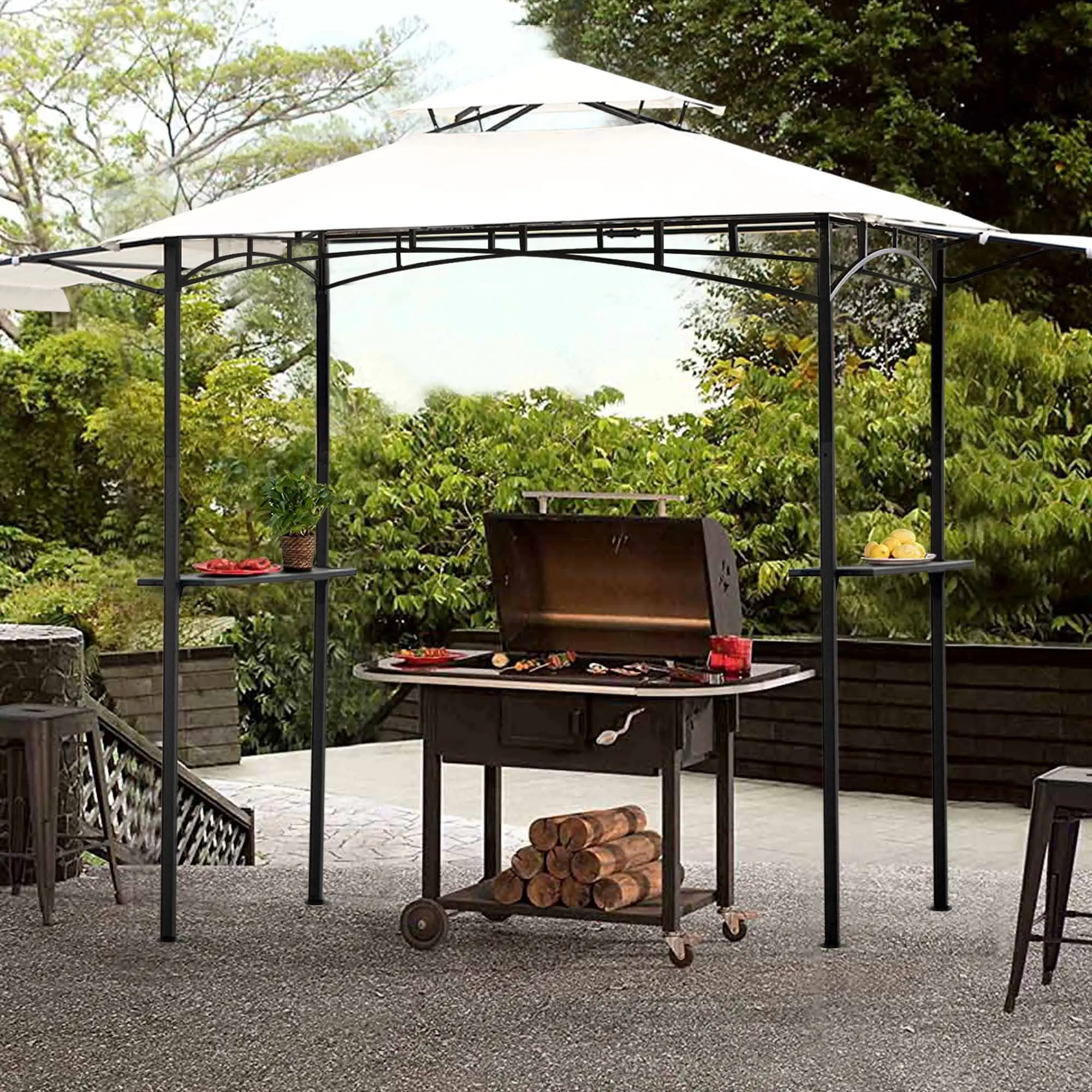 Elitezip Grill Gazebo 13 X 4.5 Ft. BBQ Gazebo with 2 Side Shelves Bar Counters & Extendable Shades. Outdoor Grill Gazebo Metal with Iron Double Tiered. Dual Side Awnings. Backyard Patio. White