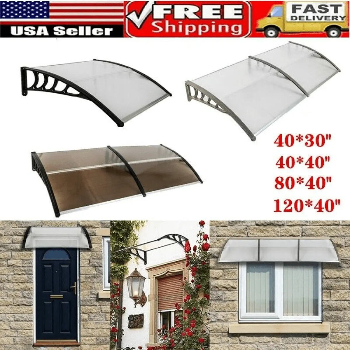 Goorabbit Window Awnings. Polycarbonate Window Awning Overhead Cover Front Door Awning for Patio. Awning Sun Shade Canopy Sun Shetter.UV.Rain Snow Protection(78x38- Silver & Black Bracket)