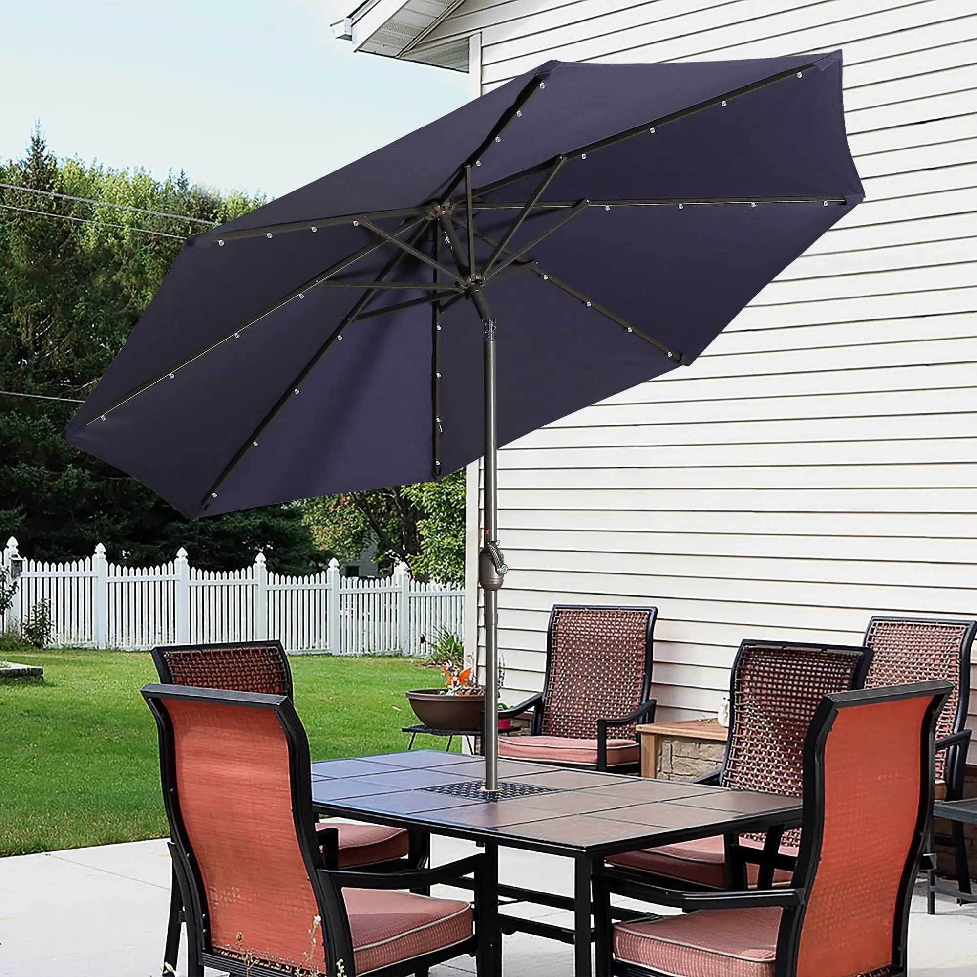 9ft Patio Umbrella Outdoor Market 32 LED Solar Umbrella with Tilt and Crank(Navy Blue)