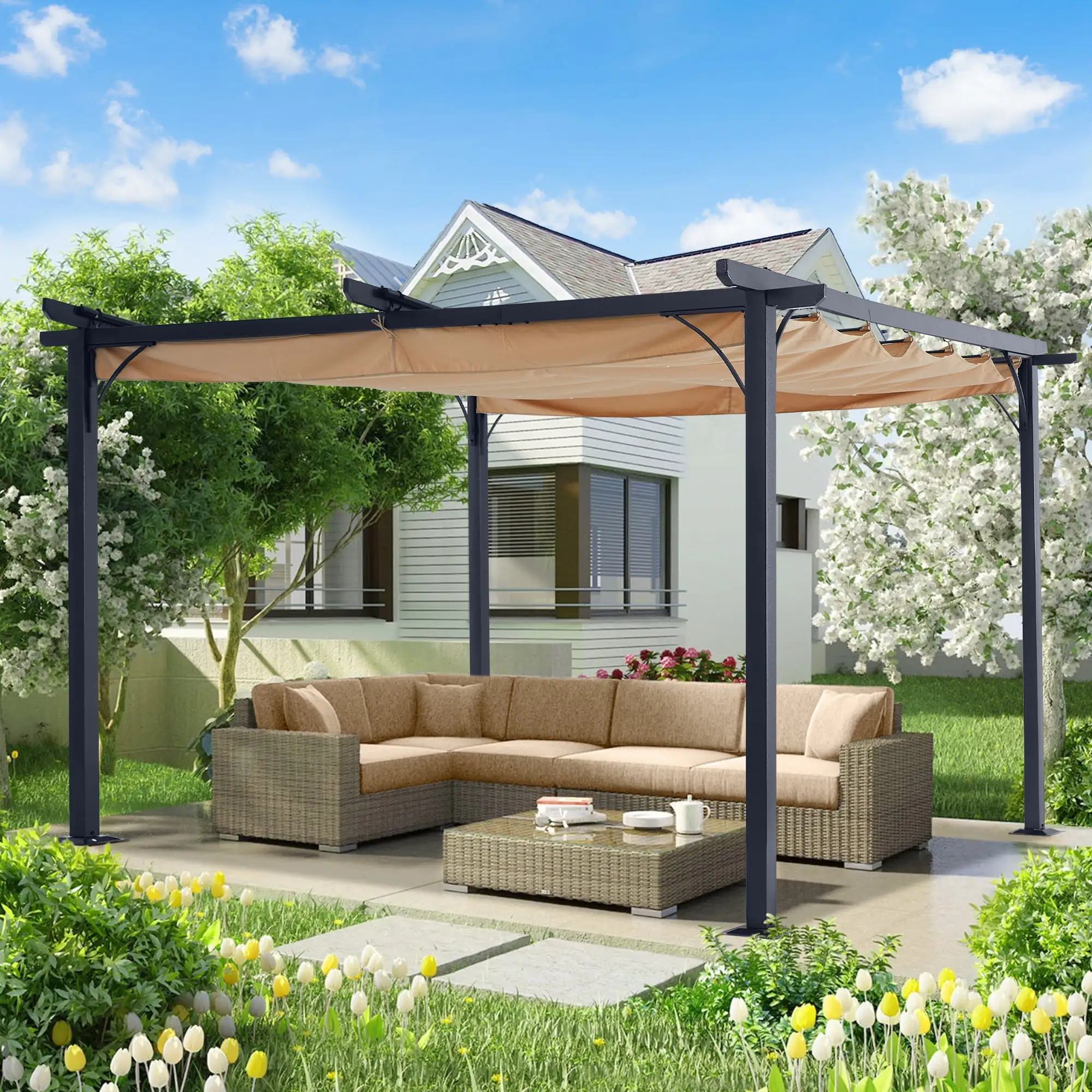 ABCCANOPY 10x10 Outdoor Retractable Shade Patio Gazebo Pergola.Beige