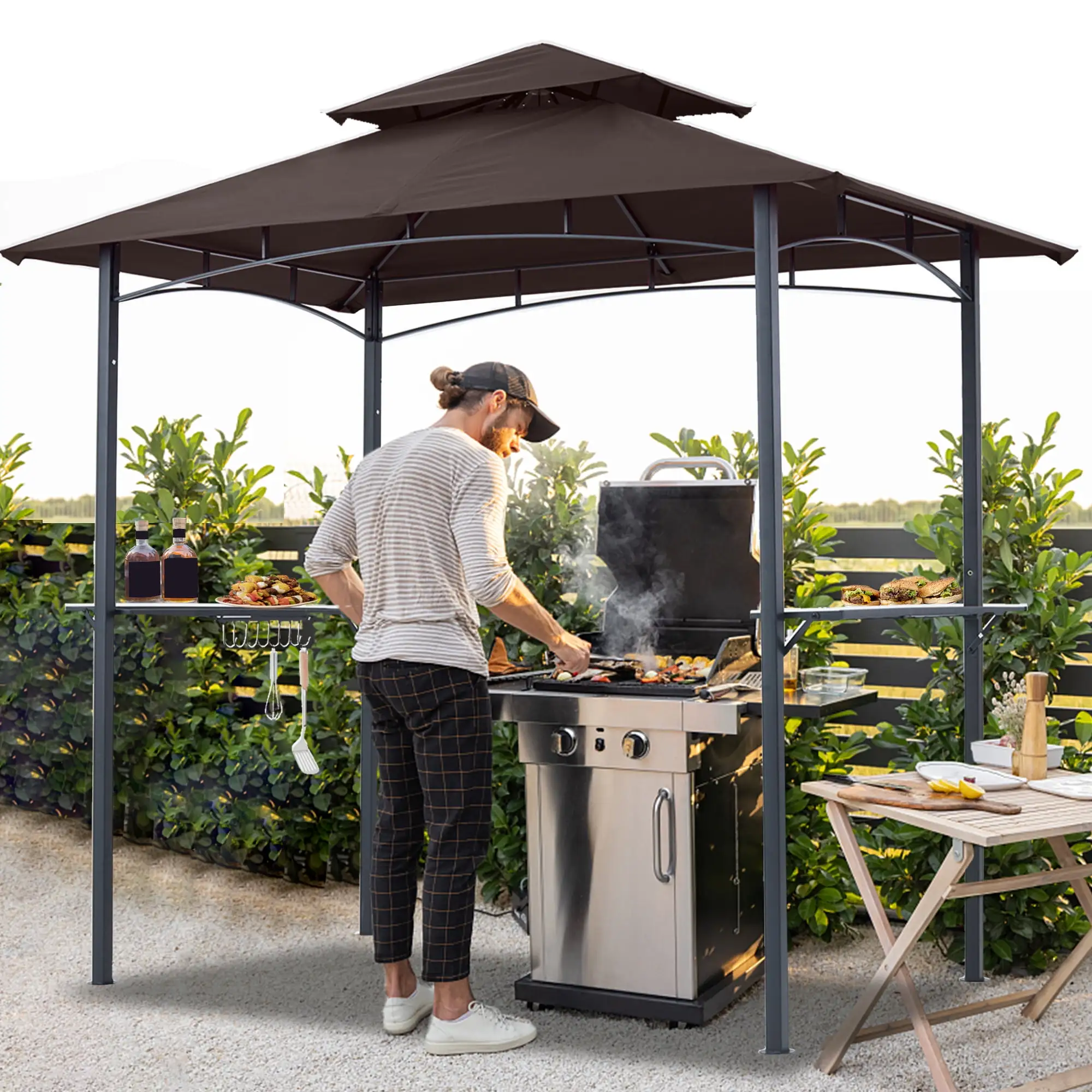 ABCCANOPY 8'x 5' Grill Gazebo Shelter. Double Tier Outdoor BBQ Gazebo Canopy with LED Light(Brown)