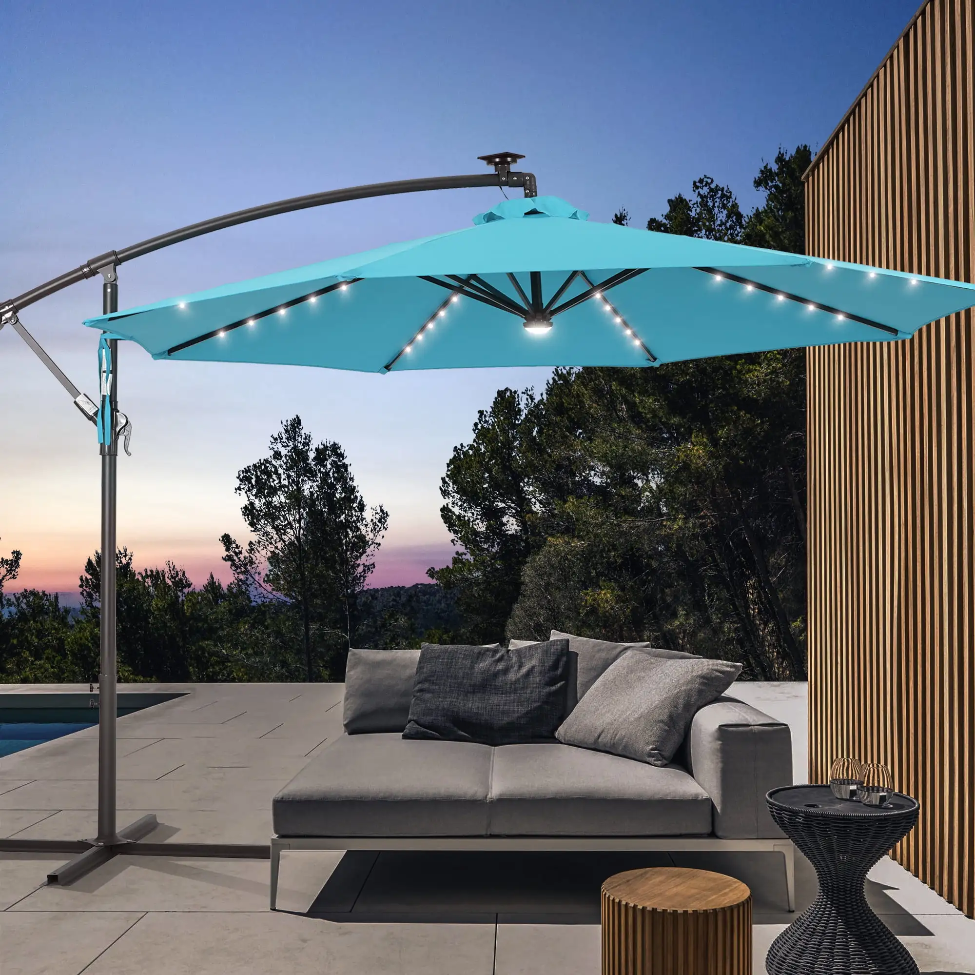 ACEGOSES 10ft LED Outdoor Patio Umbrella. Round Canopy Offset Umbrella for Villa Gardens. Lawns and Yard.Lake Blue