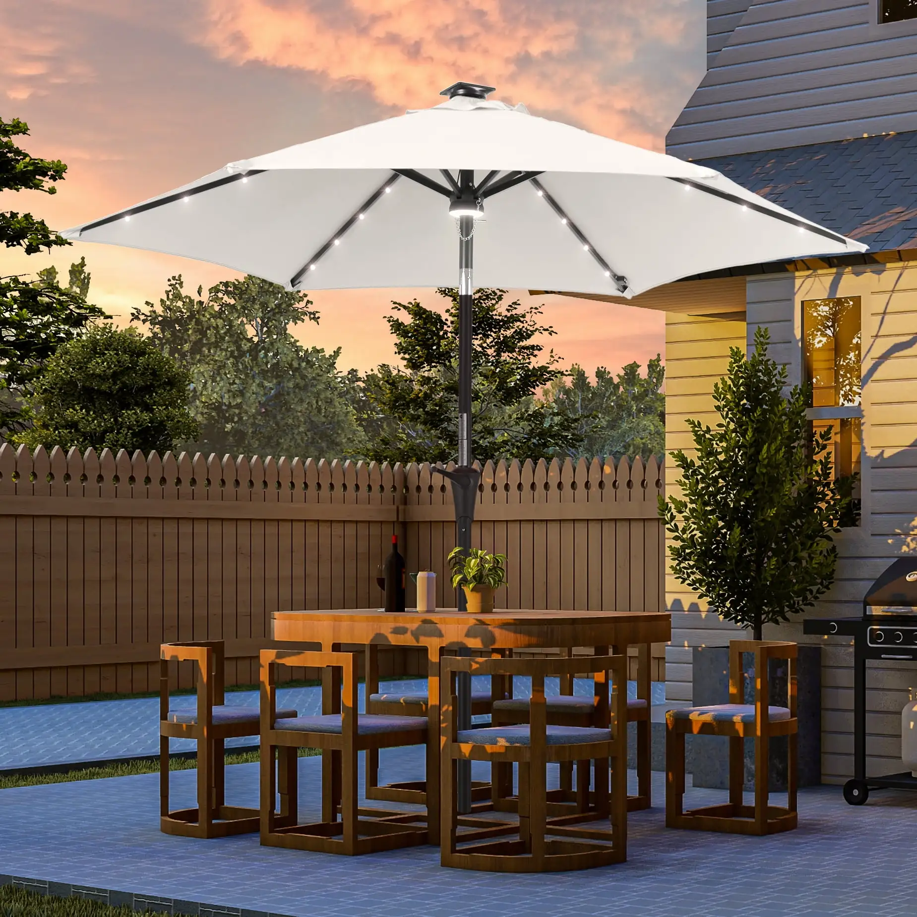 ACEGOSES 7.5 FT LED Outdoor Patio Umbrella and Shade Market Table Umbrella Outside With a Crank for Garden. Deck and Pool.Ivory