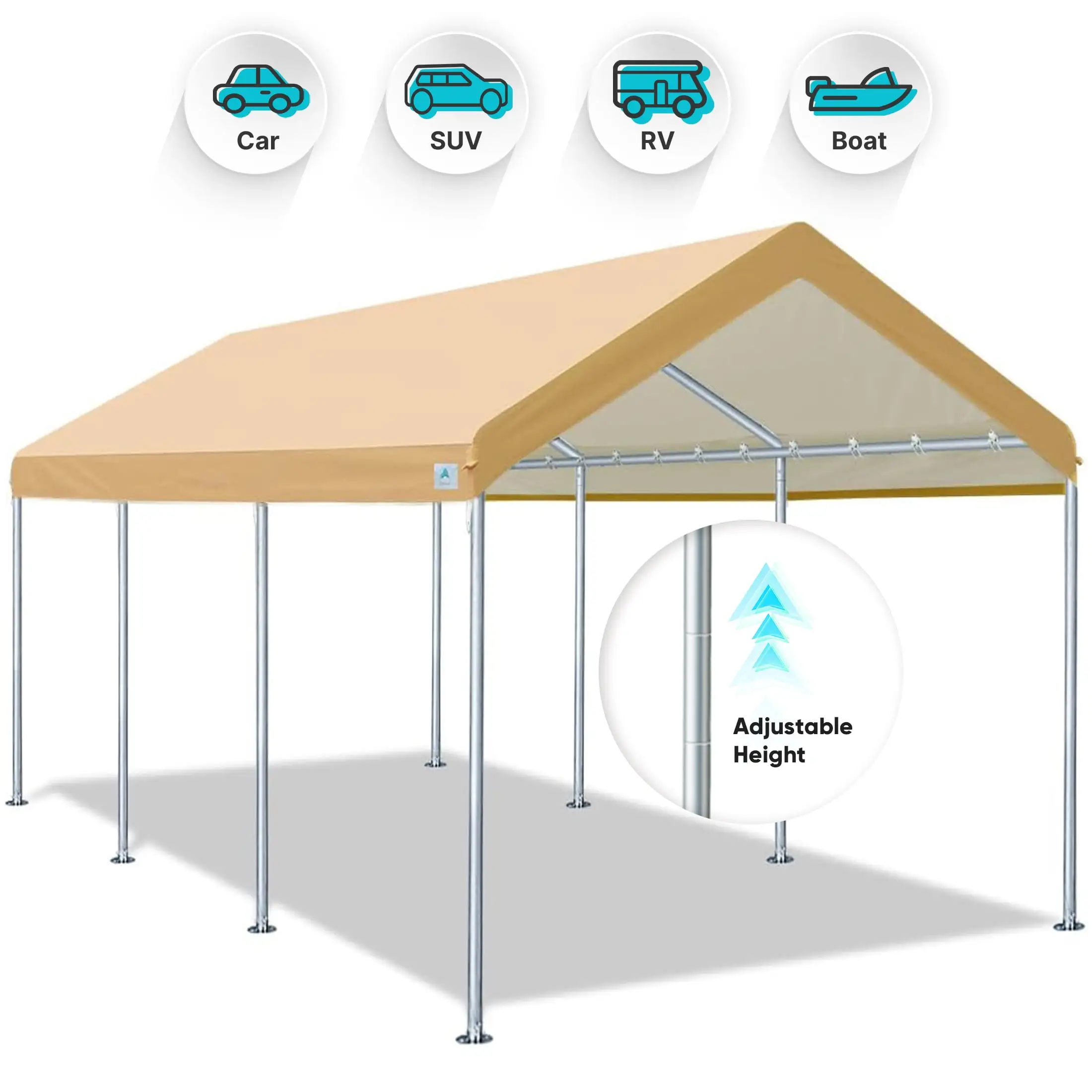 ADVANCE OUTDOOR 10' x 20' Heavy Duty Carport Car Canopy Garage Boat Shelter Party Tent Storage Shed. Adjustable Height from 9.0ft to 10.5ft. Beige