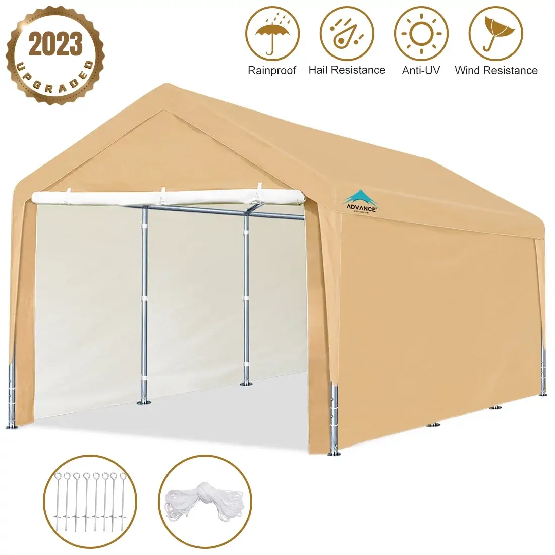 ADVANCE OUTDOOR 10x20 ft Heavy Duty Carport Car Canopy Garage Shelter Boat Tent with Removable Sidewalls and Doors. Beige