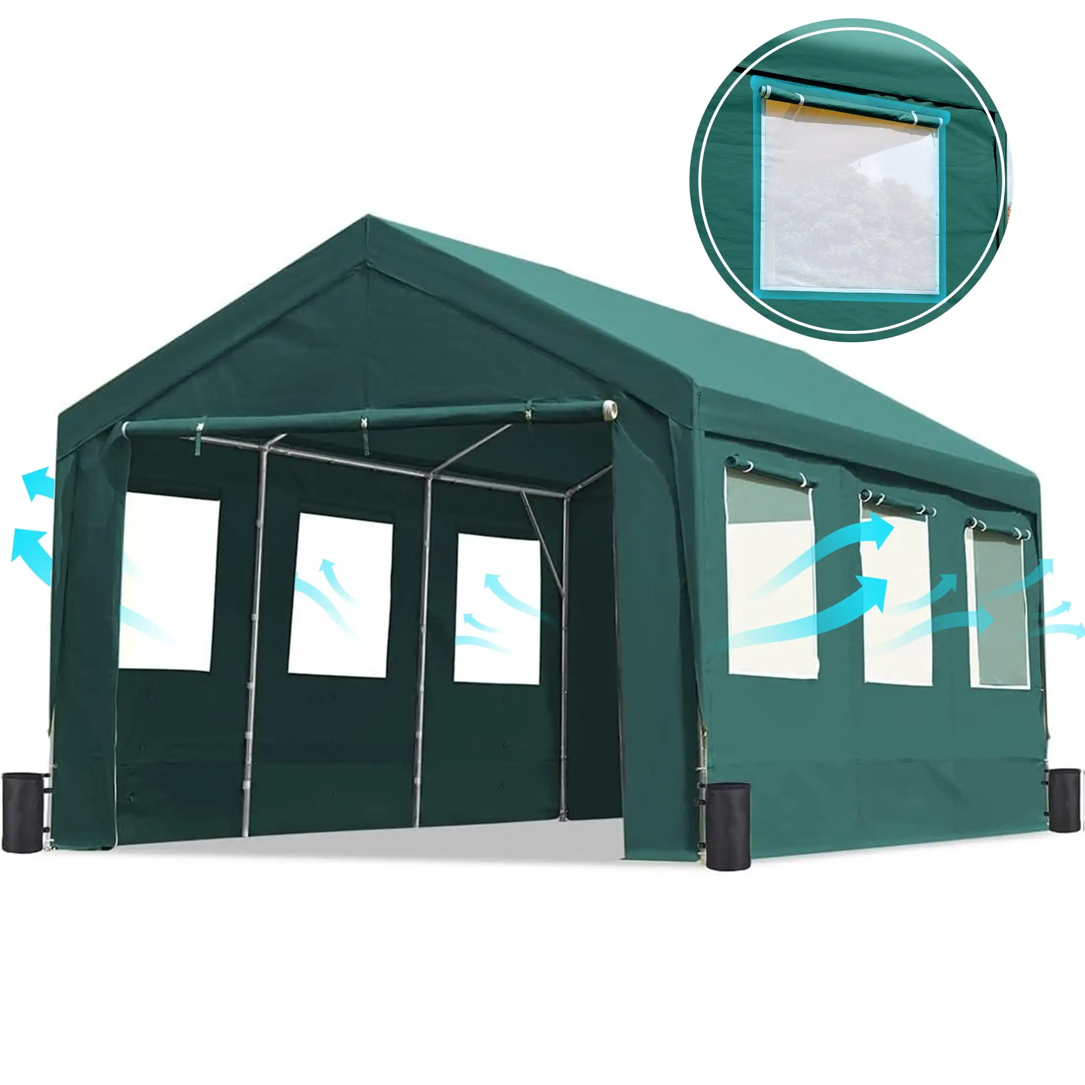 ADVANCE OUTDOOR 10x20 ft Heavy Duty Carport with Roll-up Ventilated Windows & Removable Sidewalls Car Canopy Garage. Adjustable Peak Height from 9.5ft to 11ft. Green