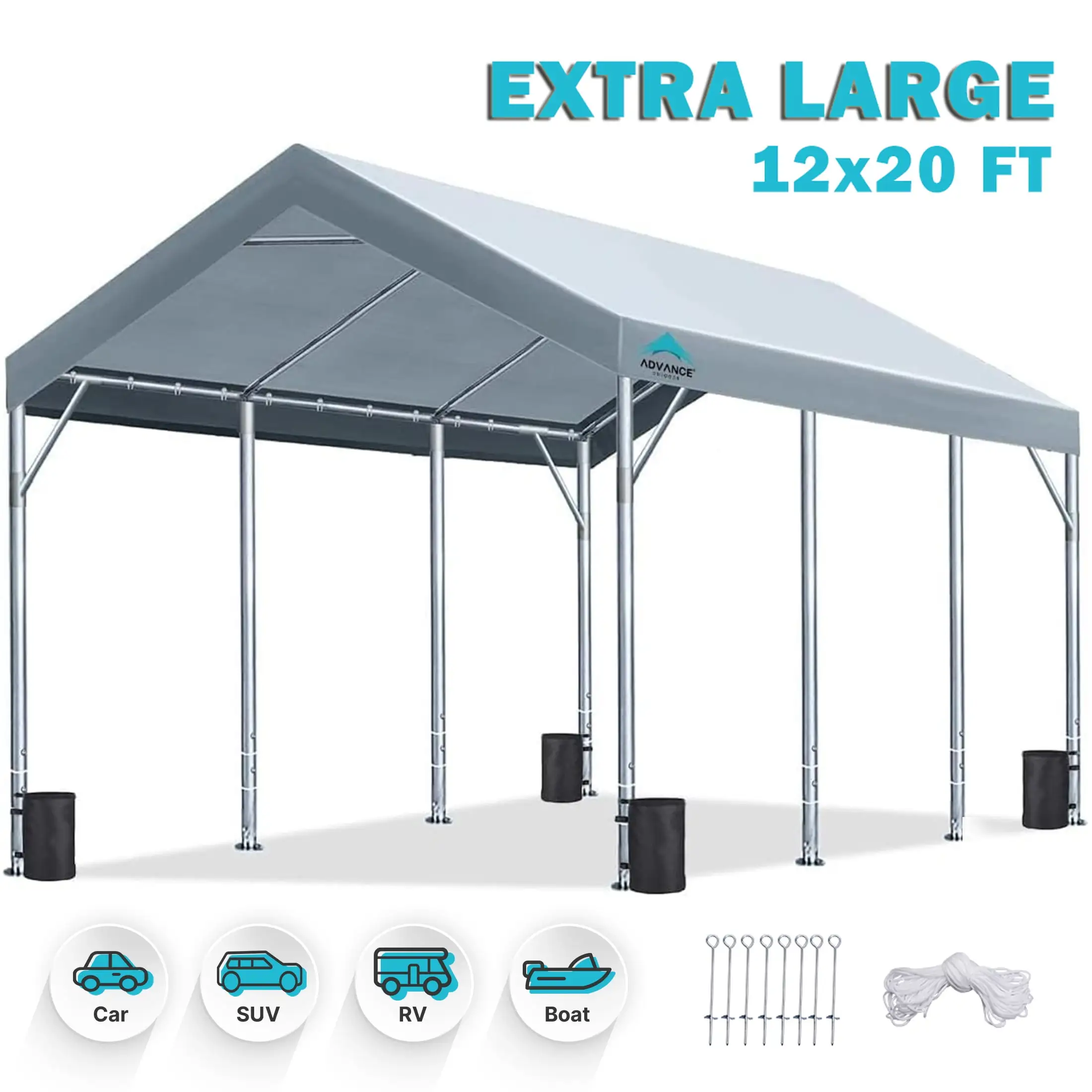 ADVANCE OUTDOOR 12x20 ft Carport Heavy Duty Car Canopy Event Canopy. 8 Legs with 8 Reinforced Poles and 4 Sandbags. Silver Gray