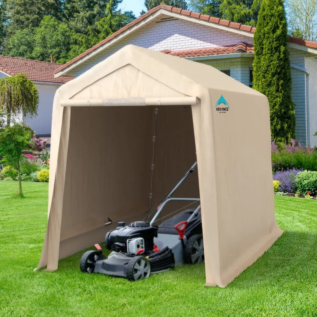 ADVANCE OUTDOOR 6x8 ft Outdoor Portable Storage Shelter Shed with 2 Roll up Zipper Doors & Vents Carport. Beige