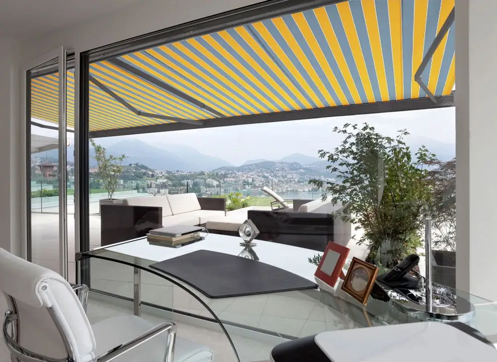 ADVANING 8'X7' MANUAL Patio Retractable Awning | CLASSIC Series | PREMIUM Quality. 100% Acrylic UV Sun Shade Awning. Color: Yellow & Gray Stripes. MA0807-A225H