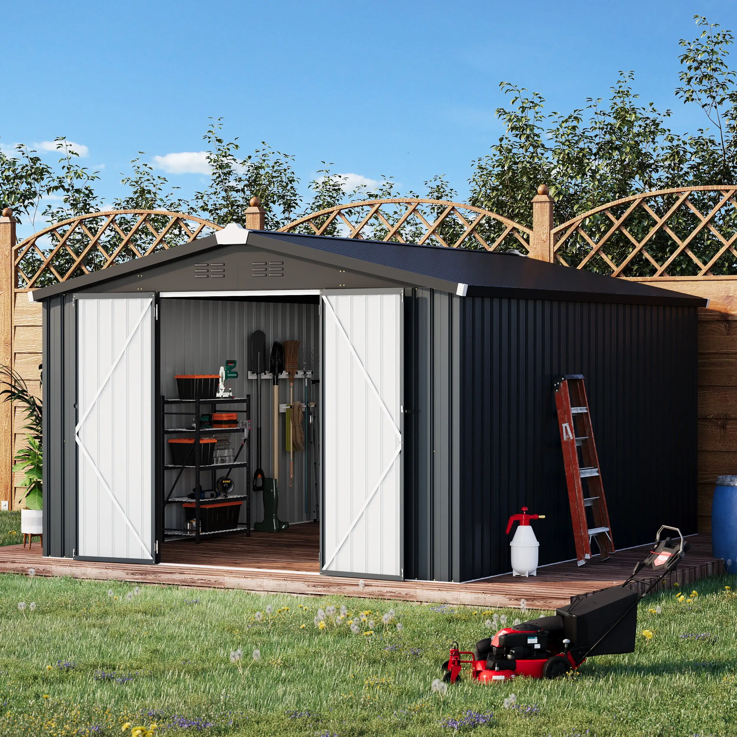 AECOJOY 10' x 14' Outdoor Storage Shed with Lockable Door Patio Metal Garden Storage Building in Dark Gray for Outside