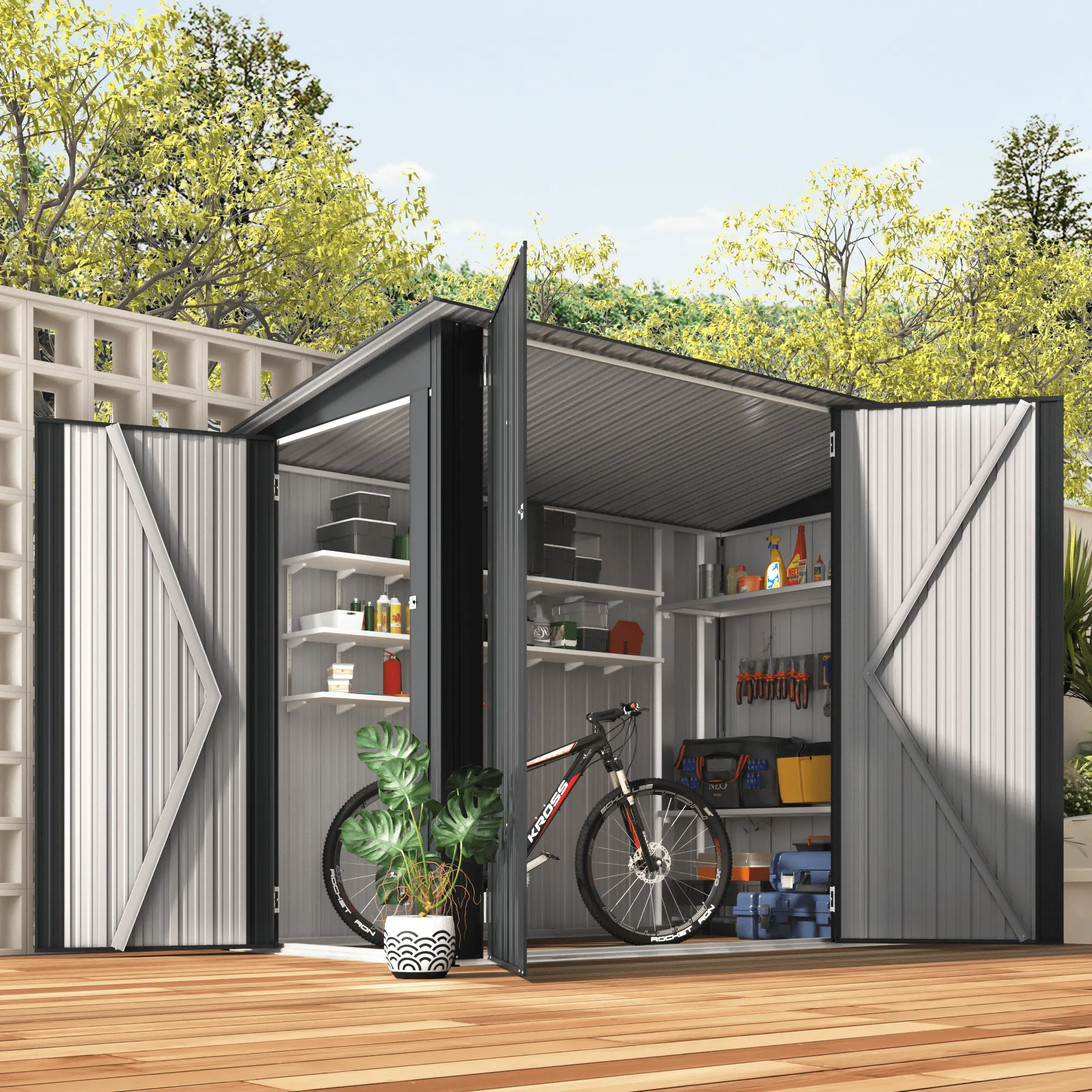 AECOJOY 4 x 7.5 ft Storage Shed with Triple Door. Metal Bike Shed Lean to Outdoor Storage Cabinet Building with Shelves for Garden