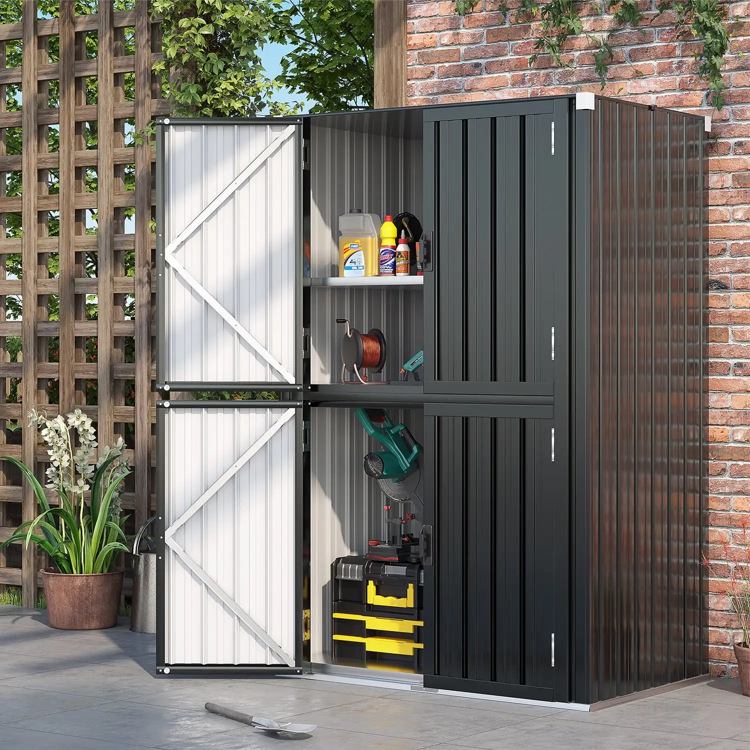 AECOJOY 46.4 Big Storage Cabinet Metal Organizer with Doors and Shelves for both Indoor/ Outdoor. Patio Storage Building for Outside. Garden & Garage in Dark Gray