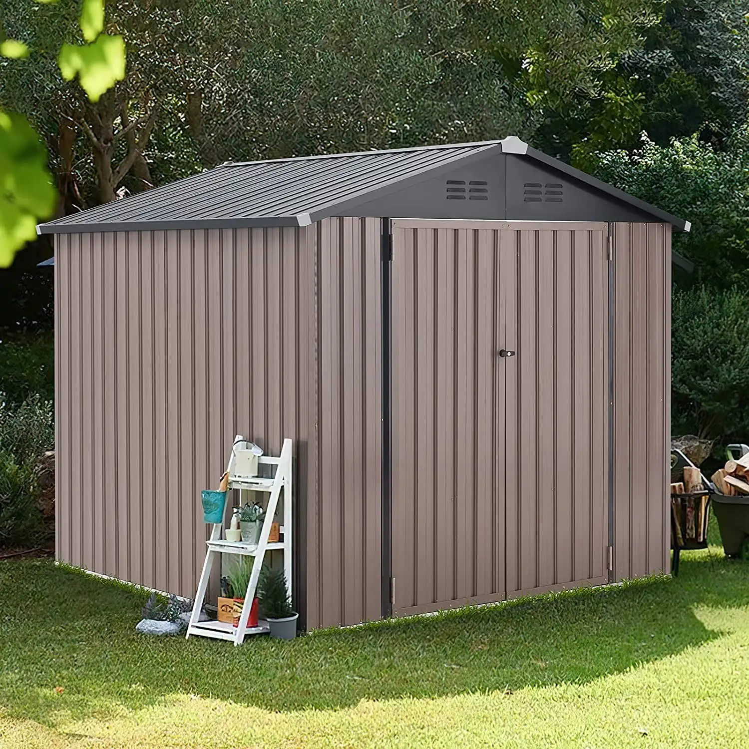 AECOJOY 7' x 7' Outdoor Metal Storage Shed with Lockable Door for Backyard