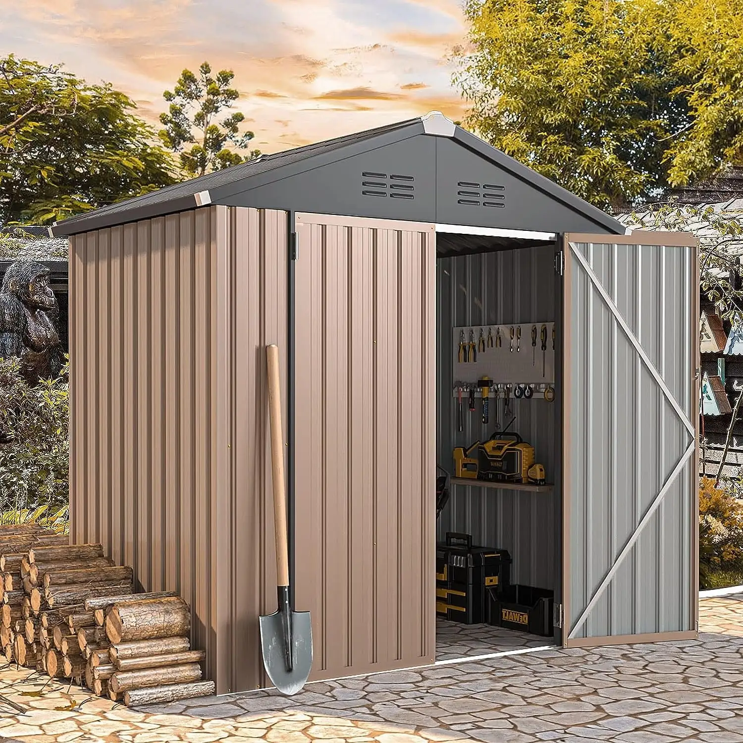 AECOJOY Outdoor Metal Storage Shed with Lockable Door 6' x 4' - Grey