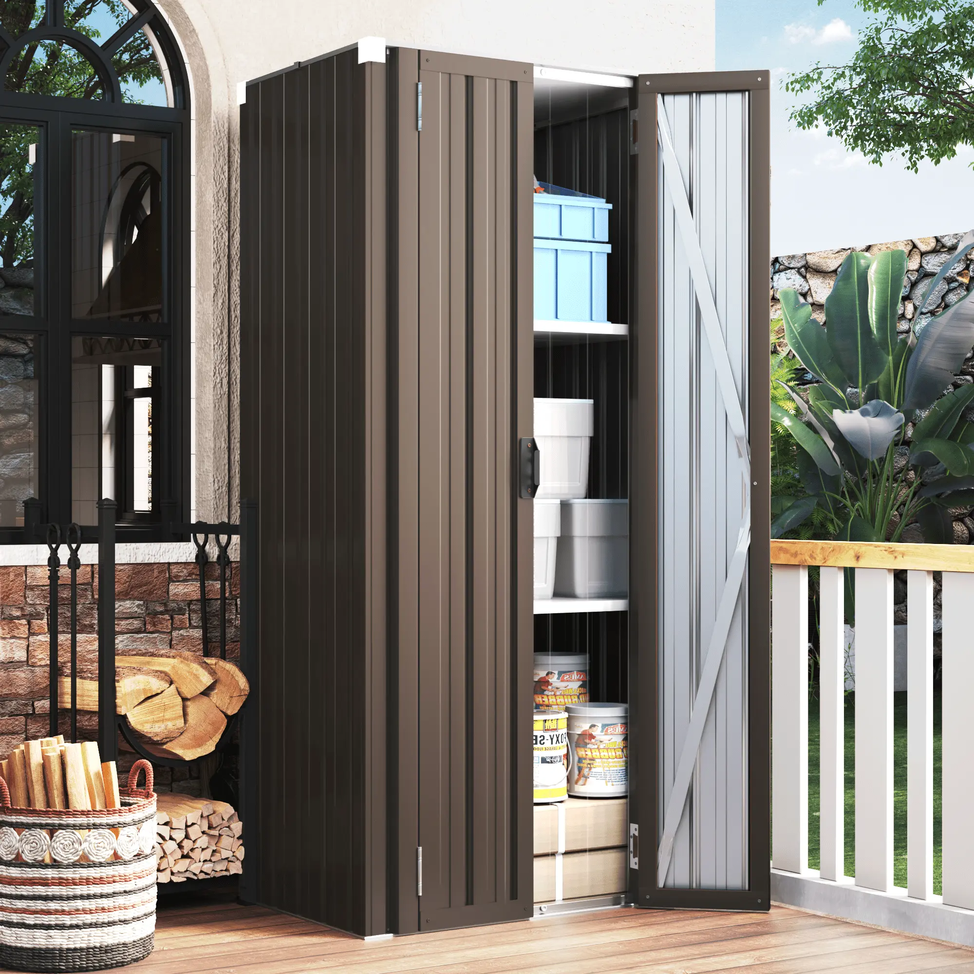 AECOJOY Outdoor Storage Cabinet Waterproof with Adjustable Shelves. Lockable Metal Outdoor Garden Storage Sheds Organizer in Brown. Versatile for Garage. Backyard. or Indoor Use