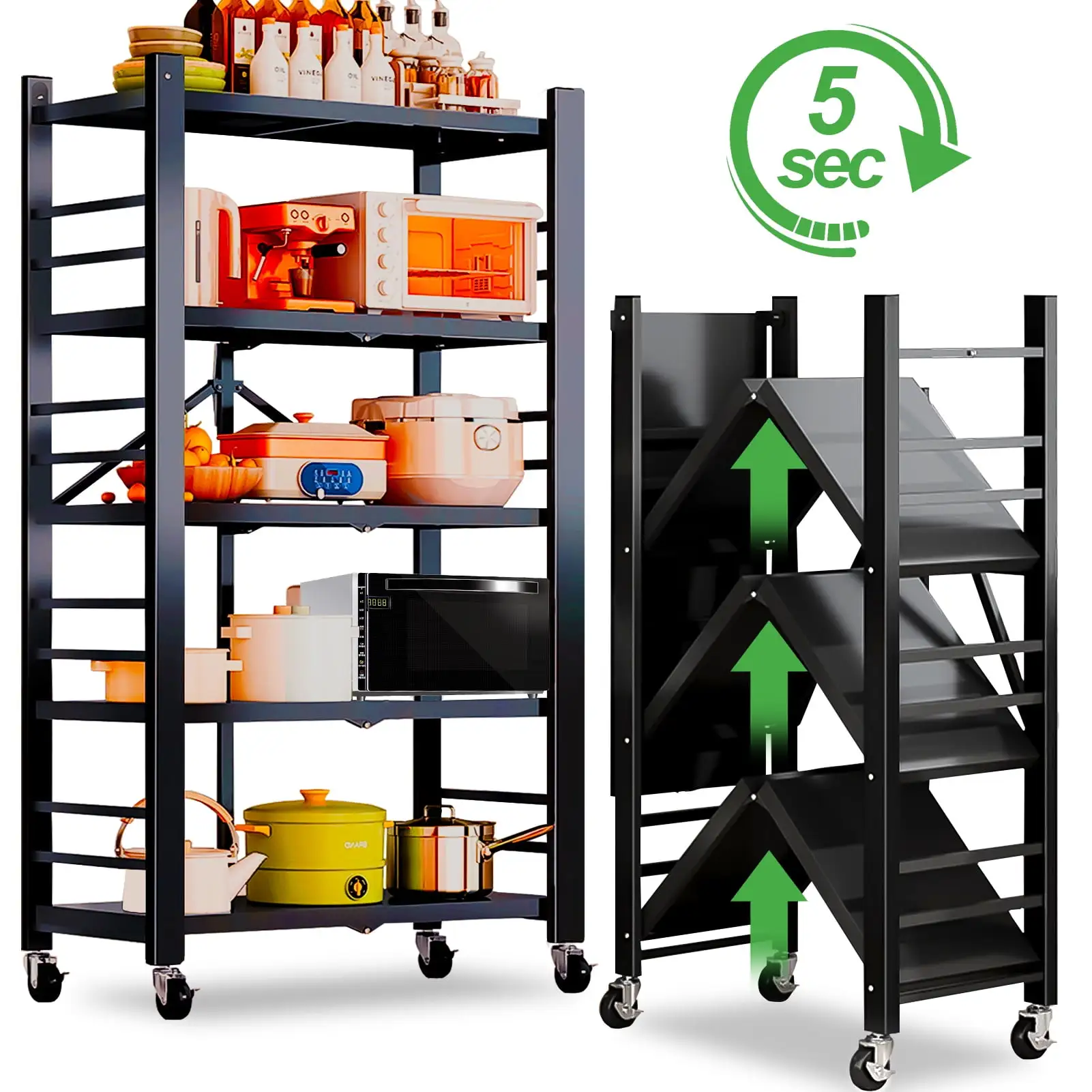 AEDILYS 5-Tier Heavy Duty Metal Shelving. Foldable with Wheels. No Assembly