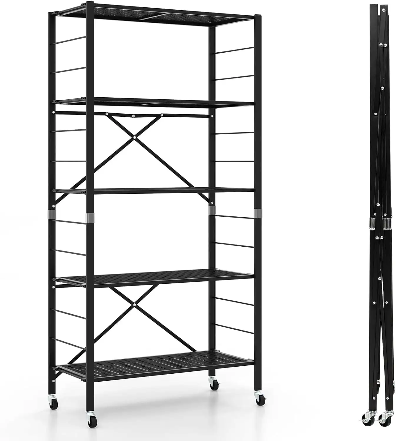 AEFRGHS Folding Shelves 5-Tier Adjustable Shelves with Wheels Detachable Shelving Unit Large Capacity Rack for Garage Kitchen Balcony Living Room Black