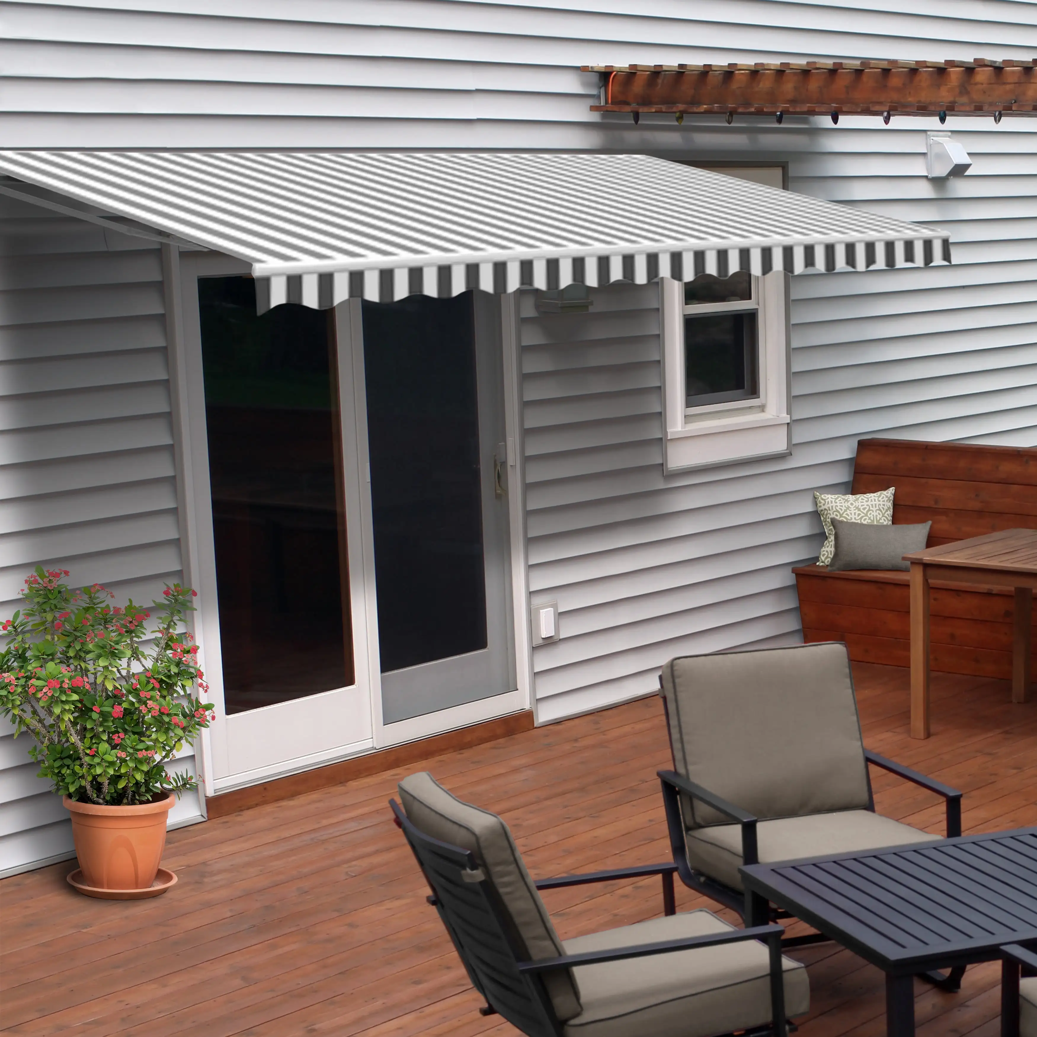 ALEKO 10' x 8' Retractable Patio Awning. Gray and White Striped Color