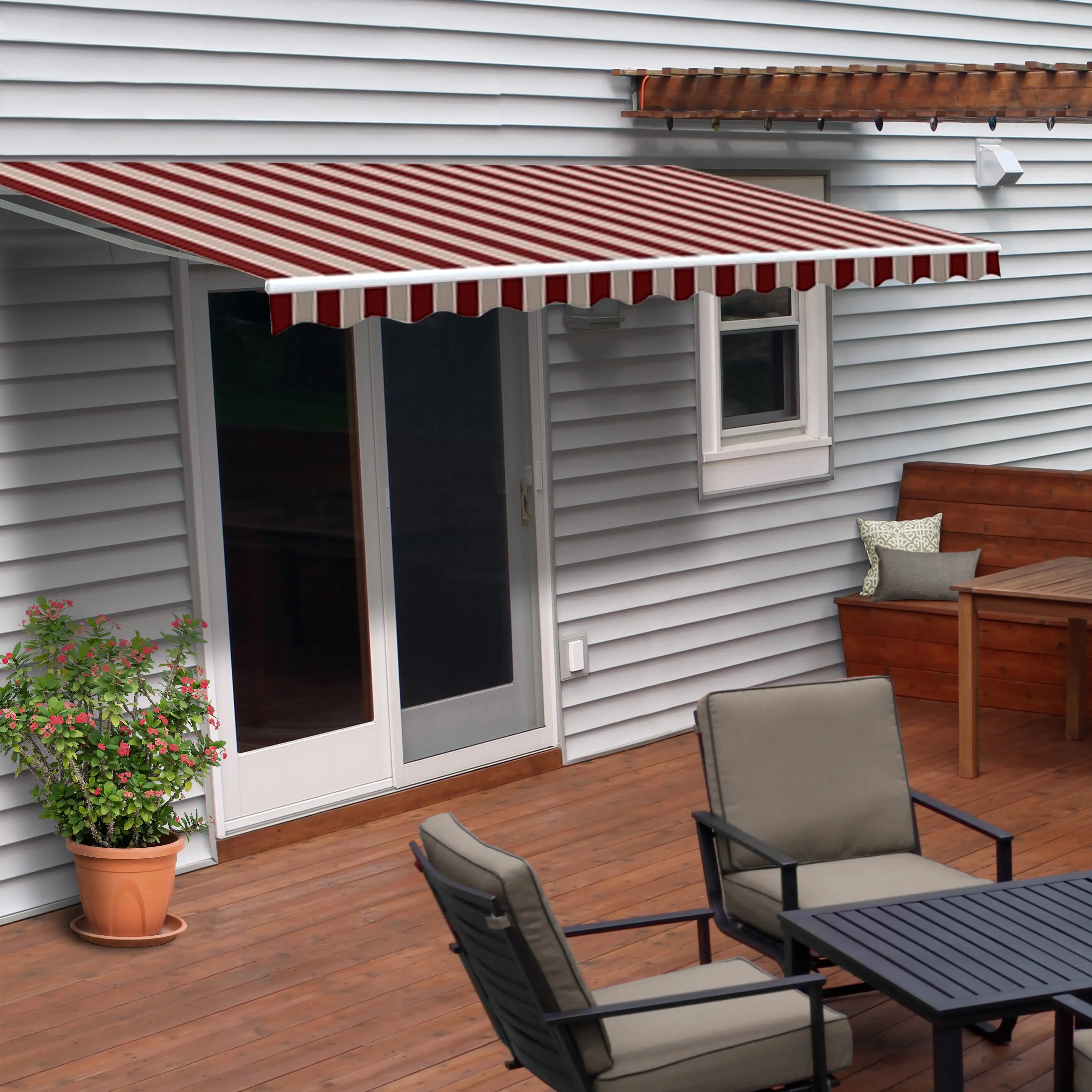 ALEKO 6.5' x 5' Retractable Patio Awning. Multi Striped Red Color