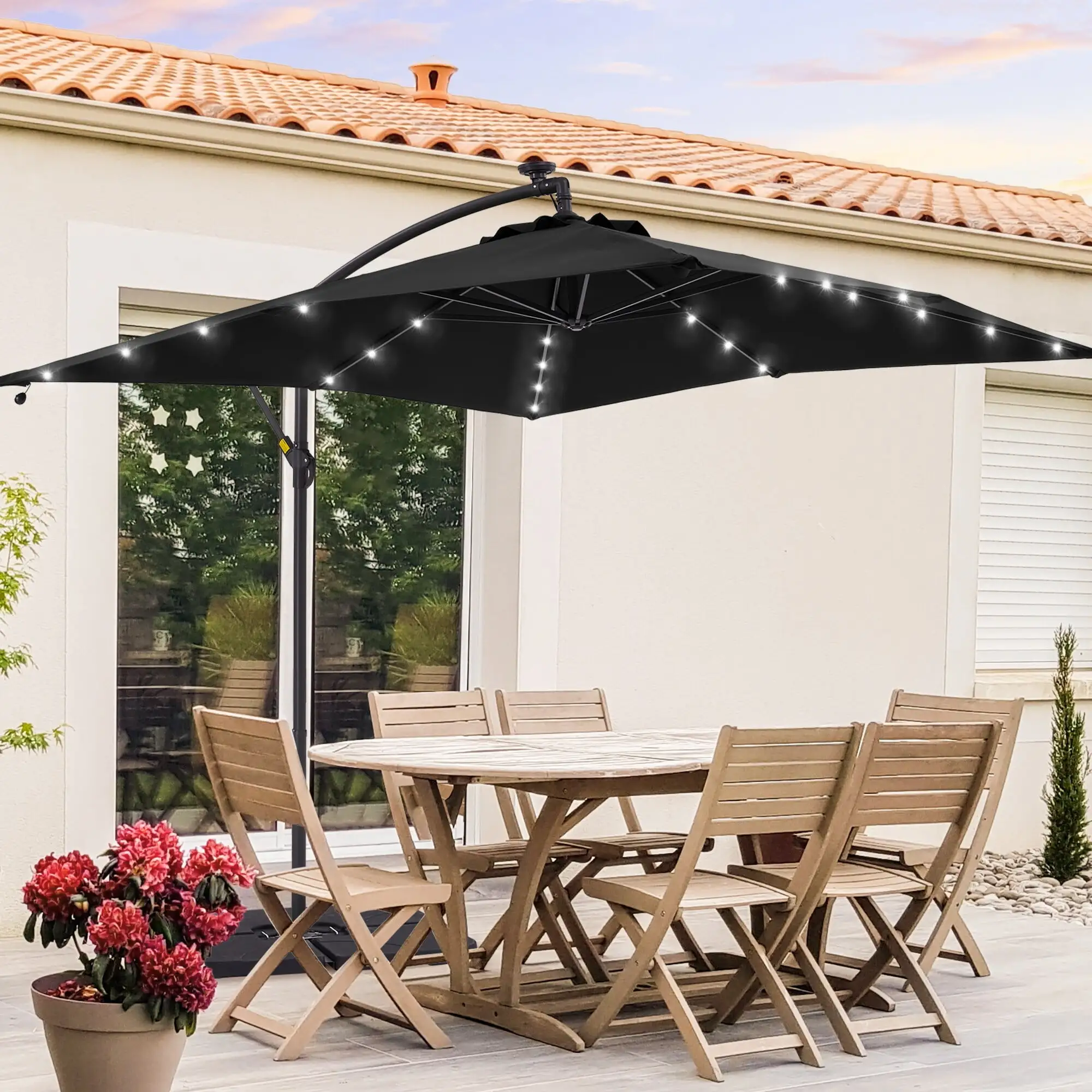 AOOLIMICS Backyard Offset Hanging LED Patio Umbrella Square Canopy Black