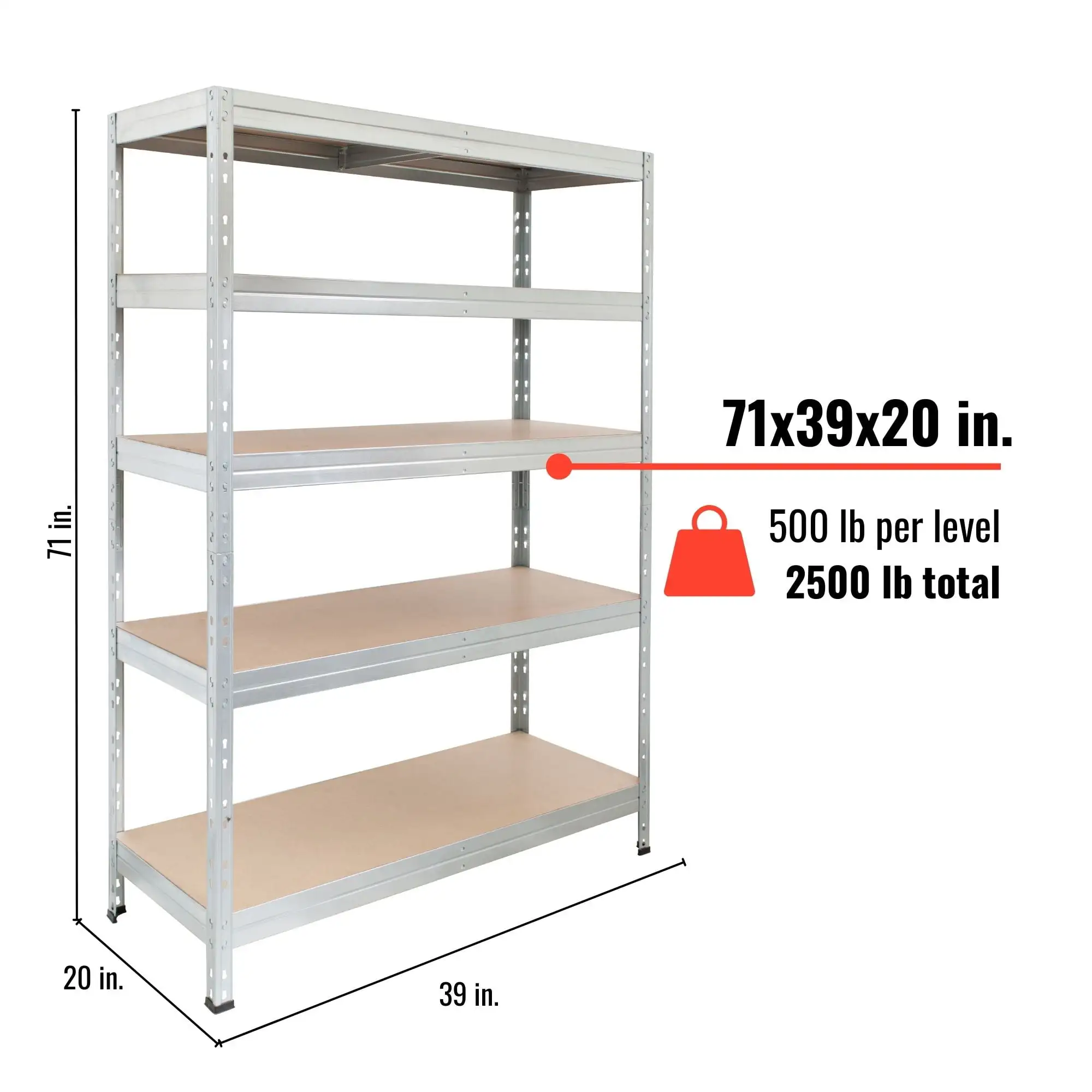 AR Shelving 39 x 20 x 71 in. Galvanized Shelving Unit 5-Tier 2.500 lbs