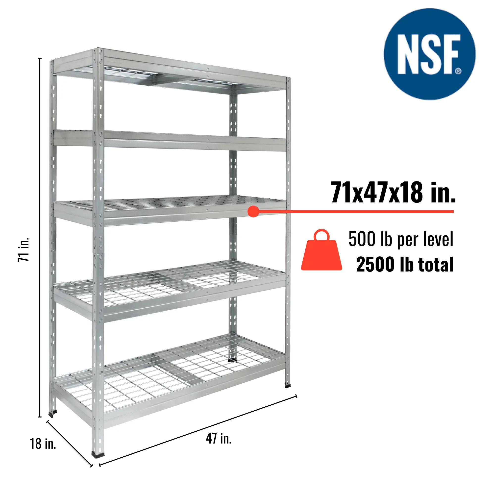 AR Shelving 47 x 18 x 71 in. Galvanized Shelving Unit 5-Tier Wire Rust Resistance 2.500 lbs