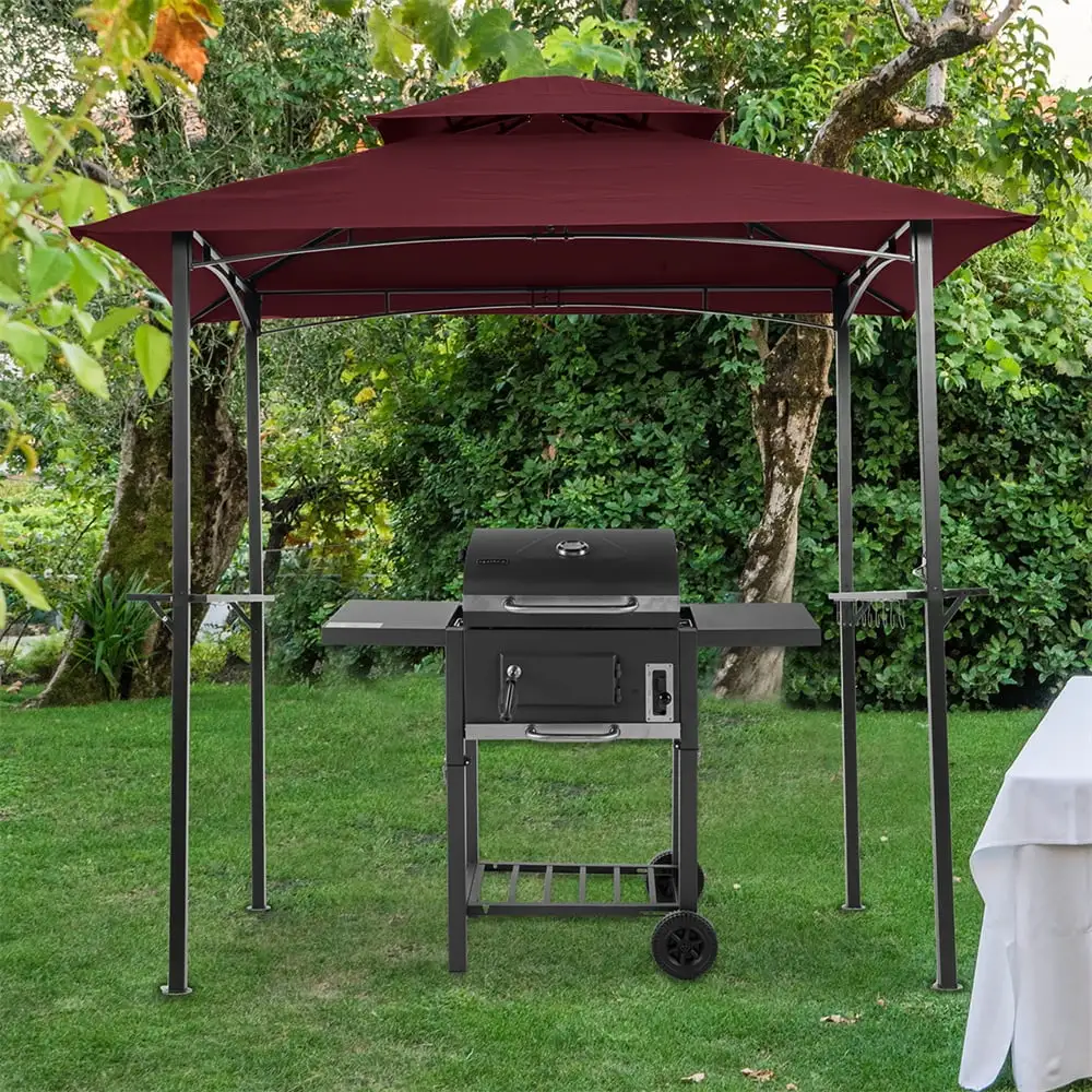 ARCTICSCORPION Grill Gazebo.Outdoor Grill Gazebo 8x5 Ft.All Weather Shelter Tent.Double Tier Soft Top Canopy and Steel Frame with Hooks and Bar Counters for Lawn Garden Porch Backyard. Burgundy