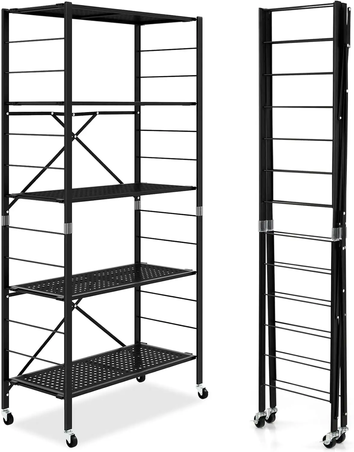 ASDRFYU 5-Tier Folding Shelves with Wheels 60u201D Tall Adjustable Metal Shelving Unit Collapsible Organizer Rack Freestanding Open Display Shelving Rack for Garage Kitchen Easy As