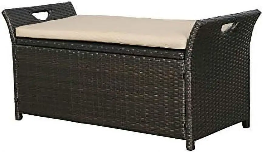 ASDRFYU Patio Wicker Bench Outdoor Rattan Deck Box with Cushion (Terracotta)