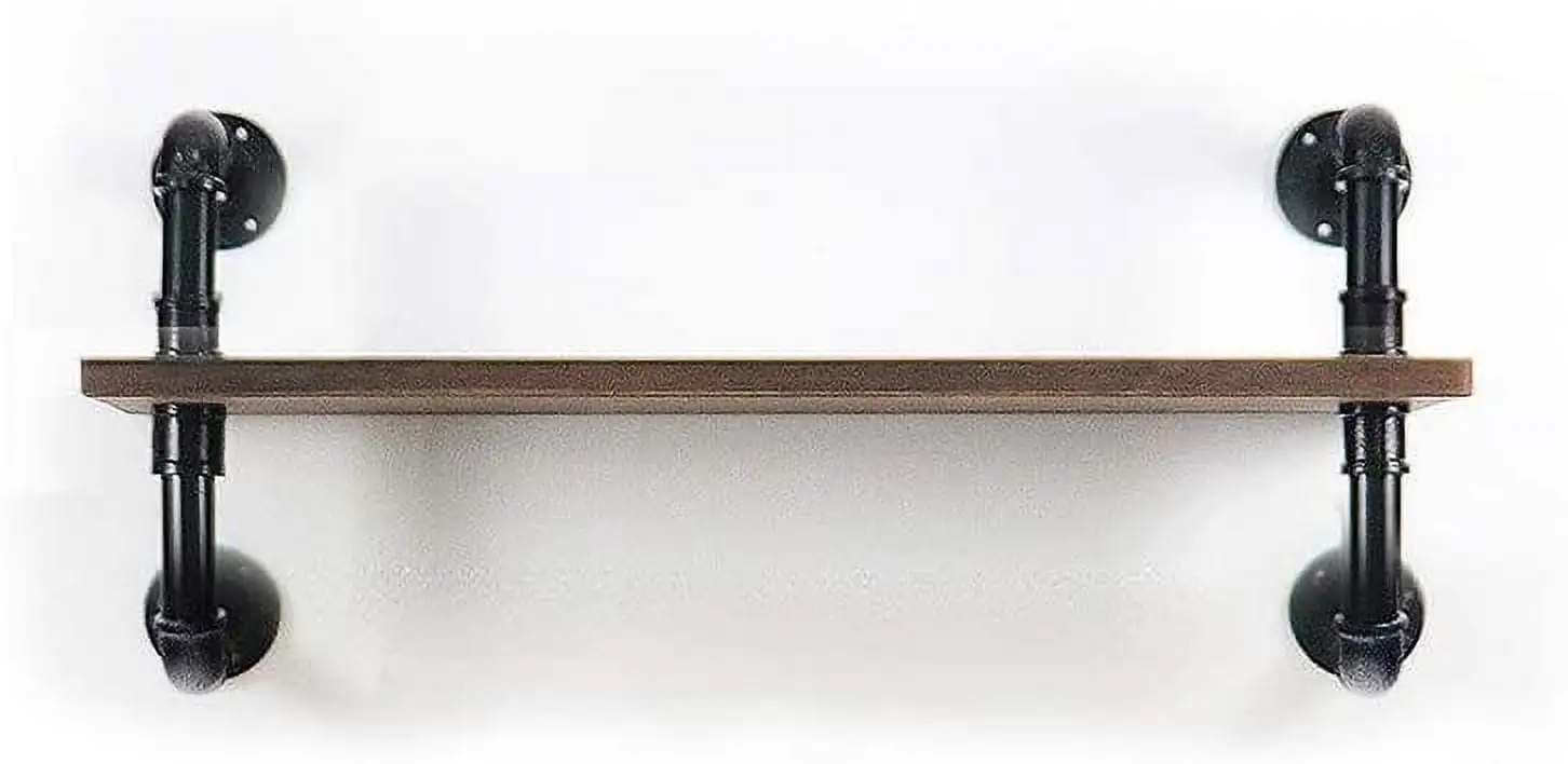 ATT Industrial Pipe Shelf Wall Shelf Rustic Wood with Black Iron Pipe 1 Tier