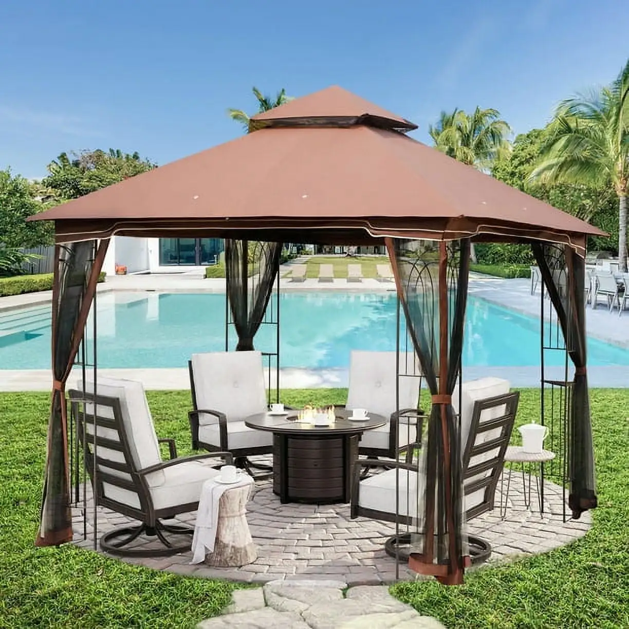 AVAWING 10 x 10FT Outdoor Gazebo. Patio Double Waterproof Soft-Top Canopy. Chocolate