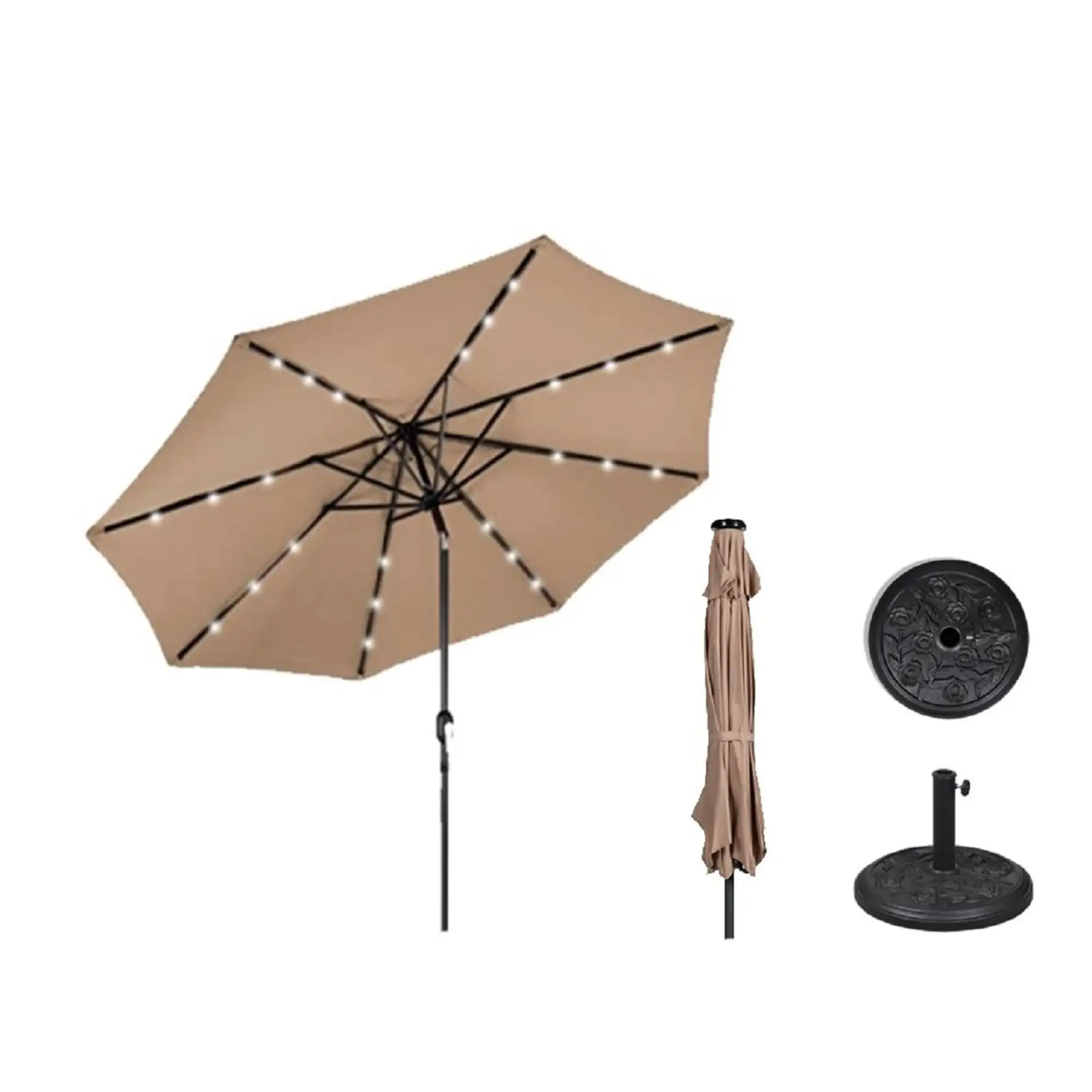 AZ Patio Heaters Solar Market Umbrella with LED Lights in Tan with Base