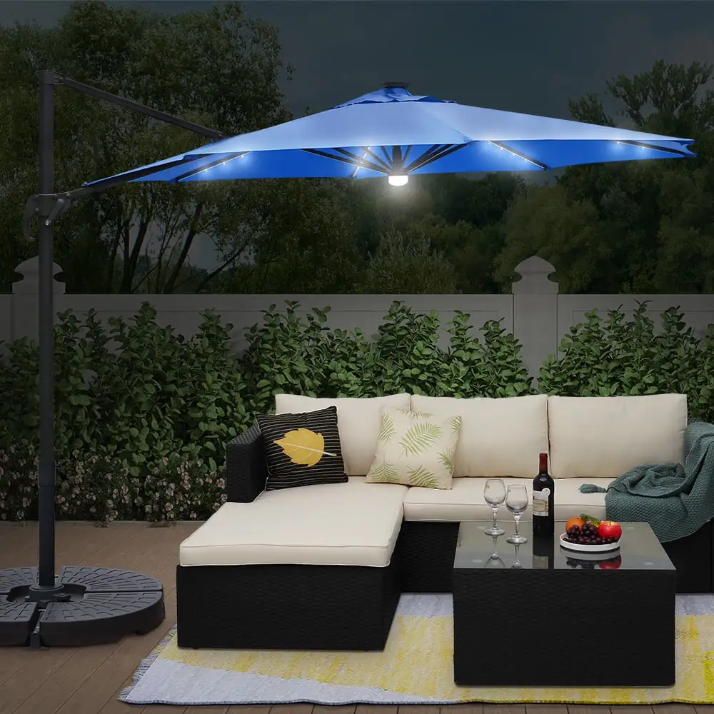 Abble 120 Navy Solid Print Octagon Cantilever Patio Umbrella with Solar Powered LED Lights