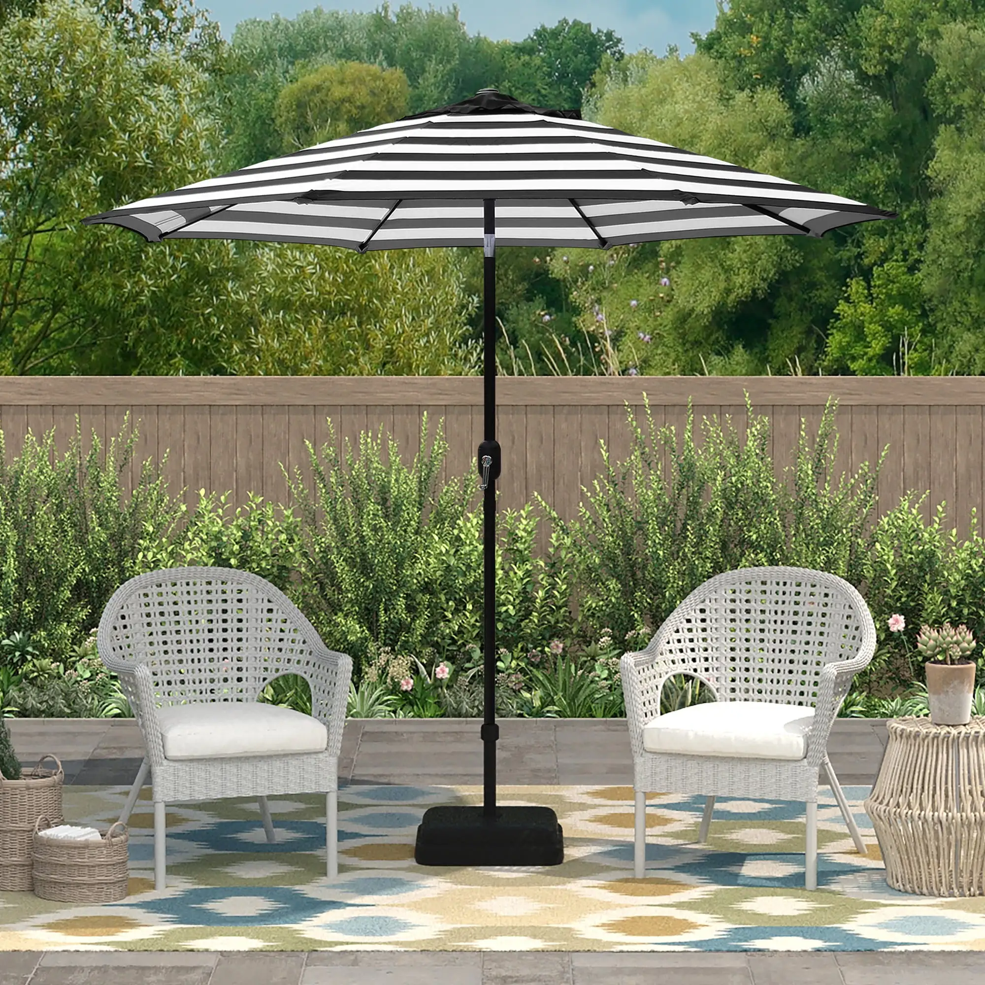 Abble 9 ft. Steel Crank and Tilt Market Patio Umbrella Black and White Stripe