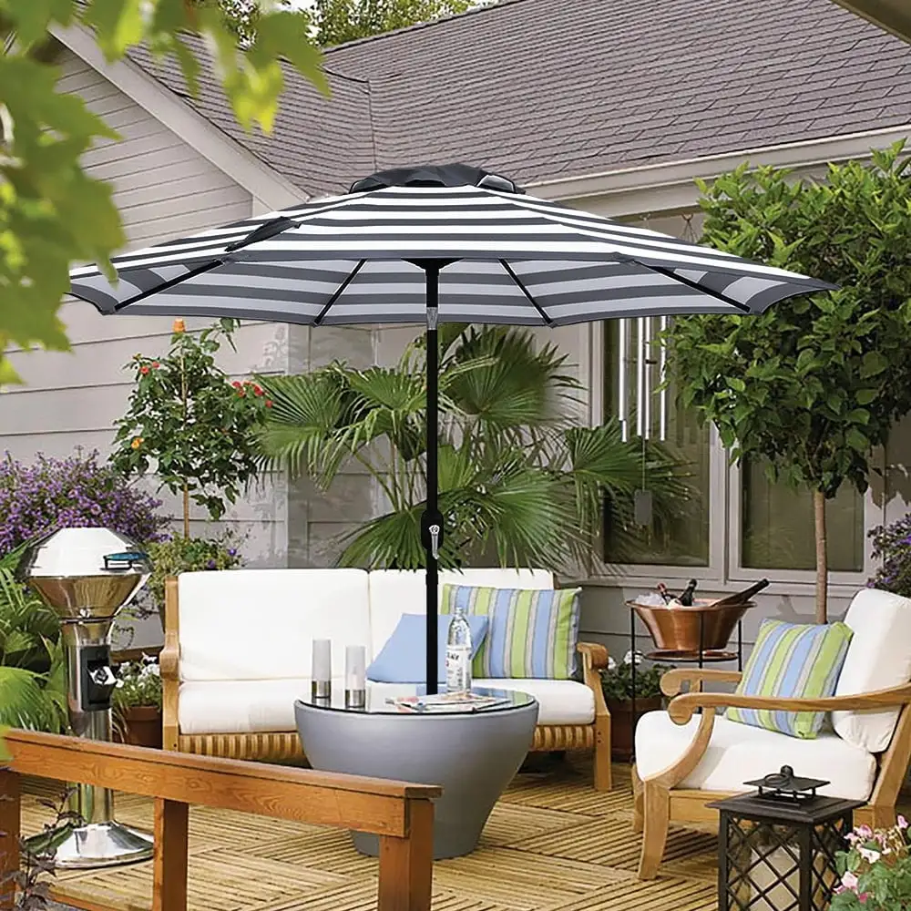 Abble Outdoor 9ft Patio Umbrella with Crank and Tilt - Black and White Stripe