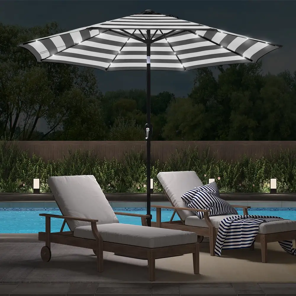 Abble Outdoor 9ft Solar LED Lighted Patio Umbrella with Crank and Tilt - Black and White Stripe