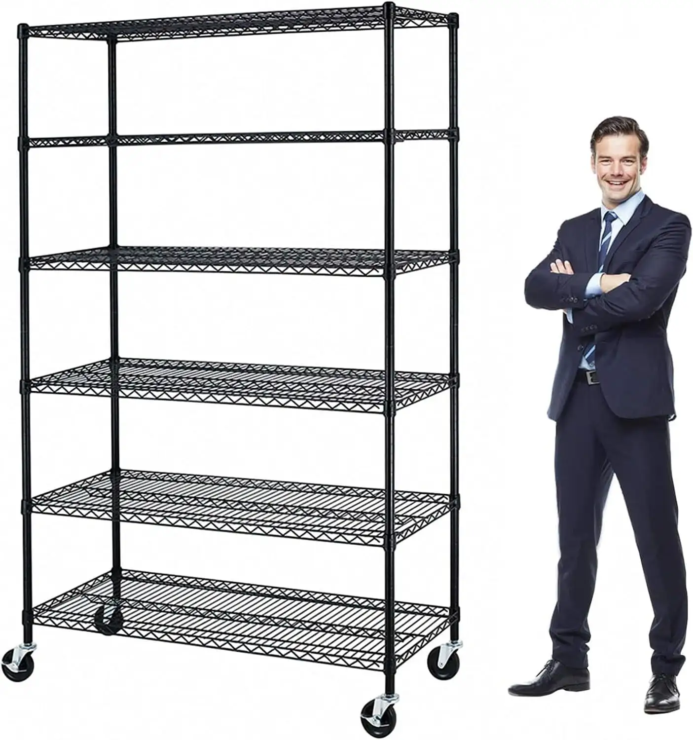 Aelkan 6000Lbs Capacity Heavy Duty Storage Shelves Commercial Wire Shelving Unit and Storage Adjustable NSF 6 Tier Metal Rack Shelf on Wheels for Garage Basement. 76 H x 48 L x 18 D - Black