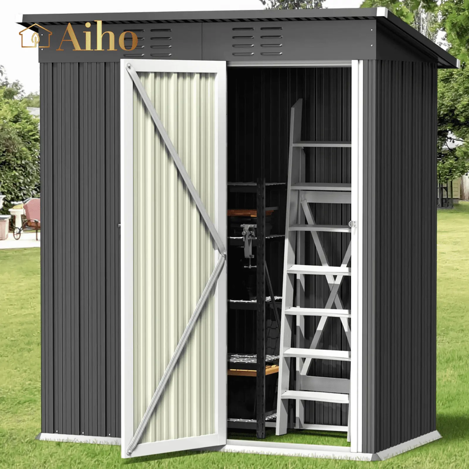 Aiho 5' x 3' Metal Outdoor Storage with Lockable Door for Patio Lawn Garden - Gray