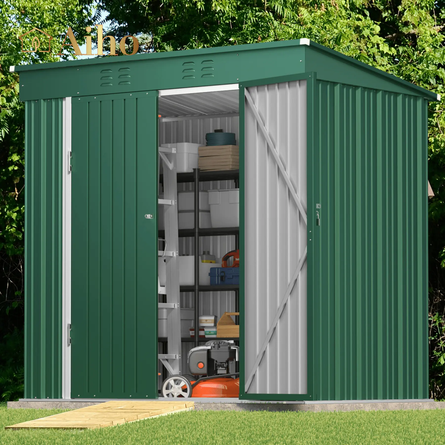 Aiho 6'x 4' Outdoor Storage Shed with Lockable Doors & basic frame for Garden Backyard Patio Lawn - Green