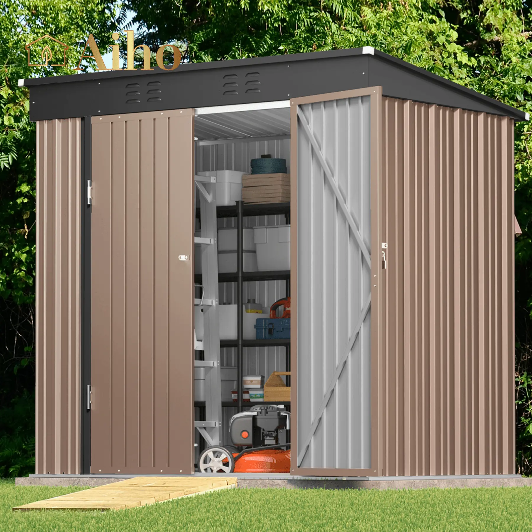 Aiho 6'x 4' Outdoor Storage Shed with Lockable Doors & basic frame for Garden Backyard Patio Lawn - Light Brown