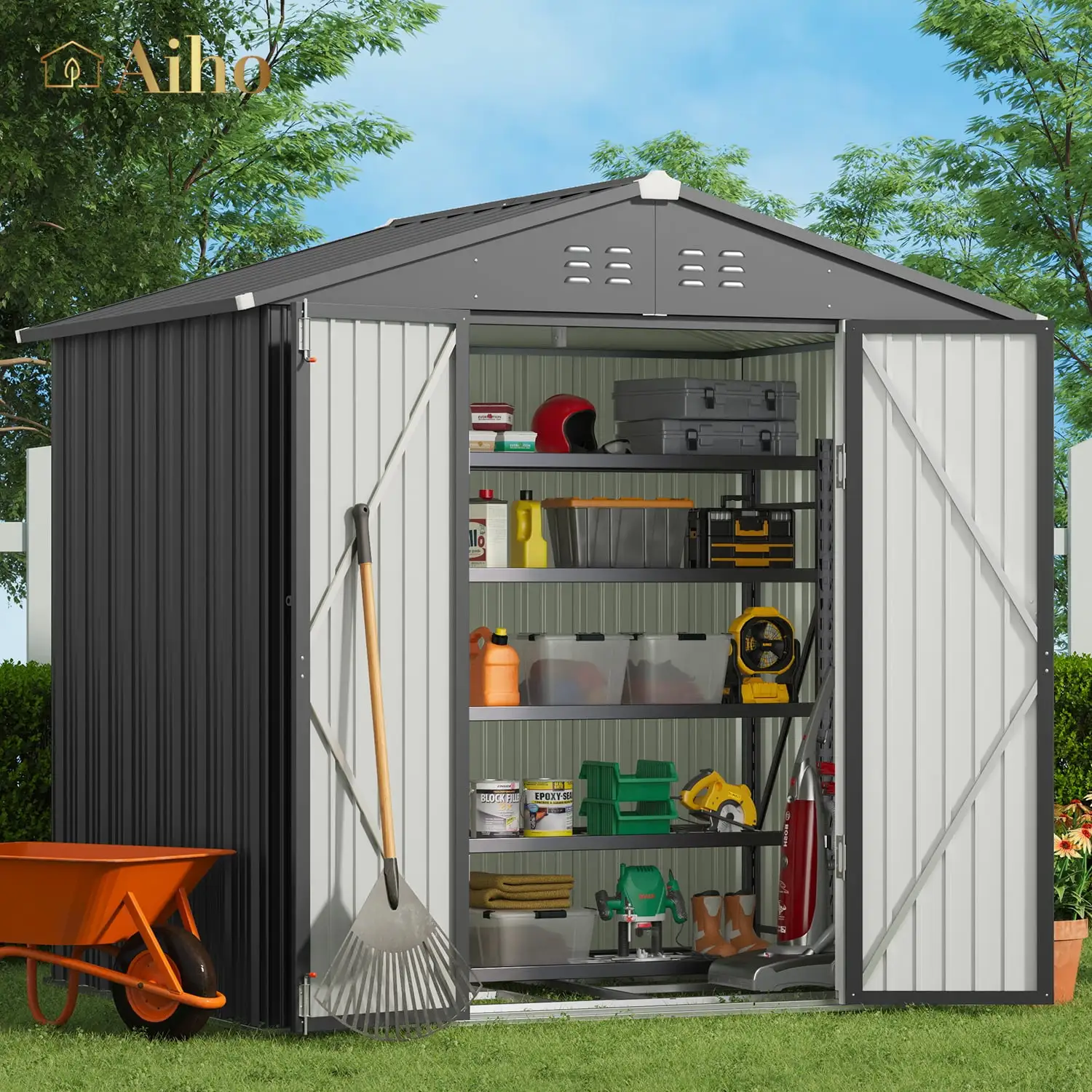 Aiho 8' x 6' Shed. Sheds and Outdoor Storage with Metal Base Frame & Air Vent & Lockable Doors for Garden and Backyard - Gray