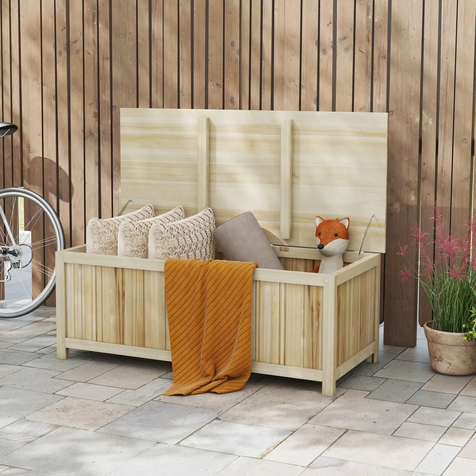 Aimee Lii 45.5 Gallon Outdoor Storage Box. Wooden Deck Box Garden Storage Container for Balcony. Porch. Poolside. Natural