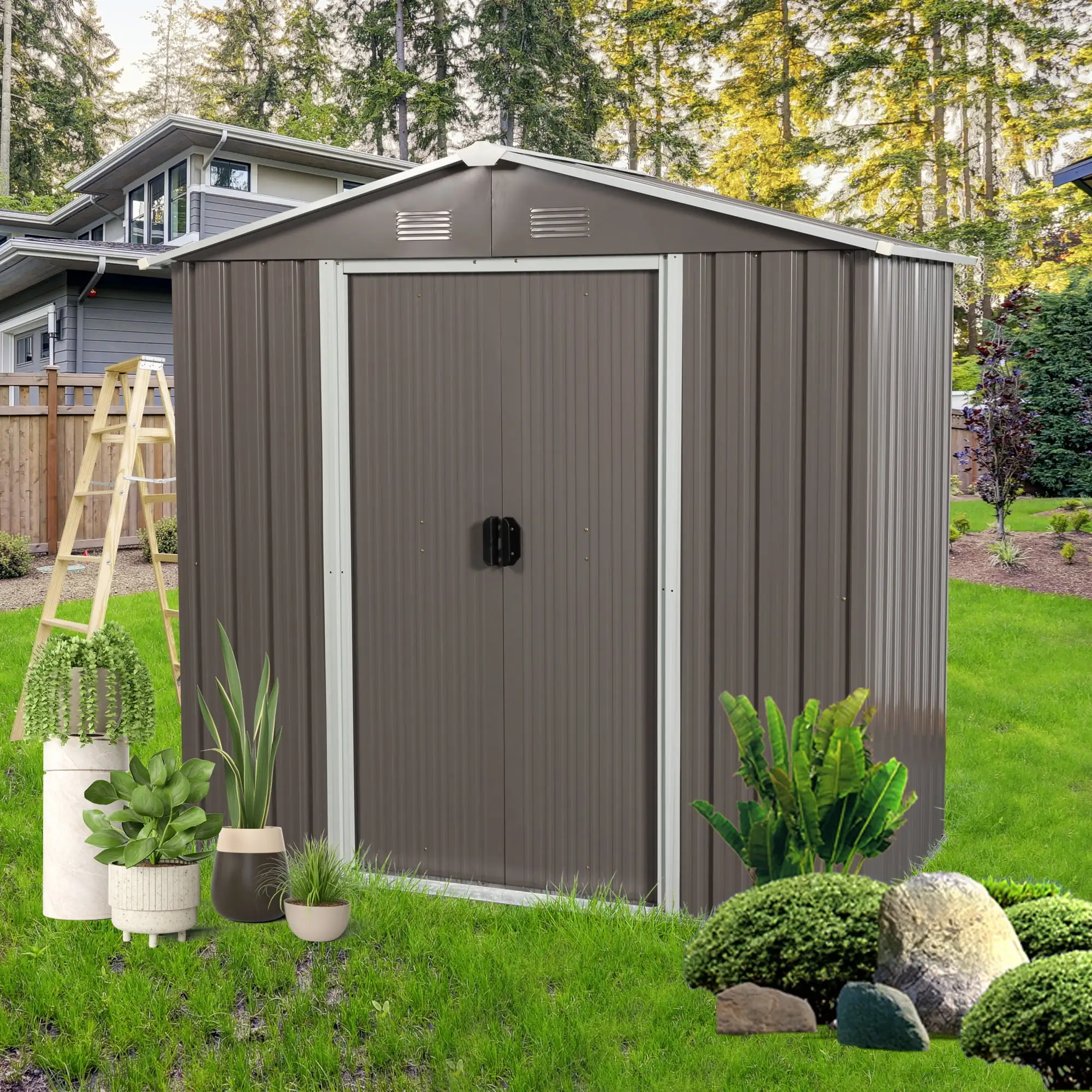 Aimee Lii 72 x 38 Outdoor Metal Storage Shed. Utility Tool Shed Storage House. Metal Sheds for Backyard Garden Patio Lawn. Gray